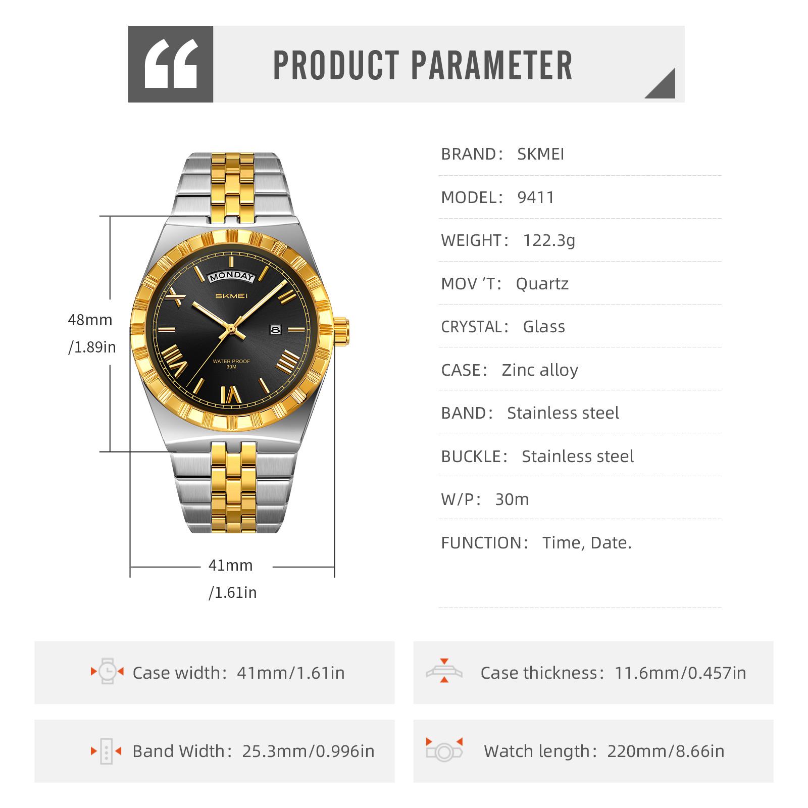 SKMEI WATCH 9411 Stainless Steel band Quartz Watch
