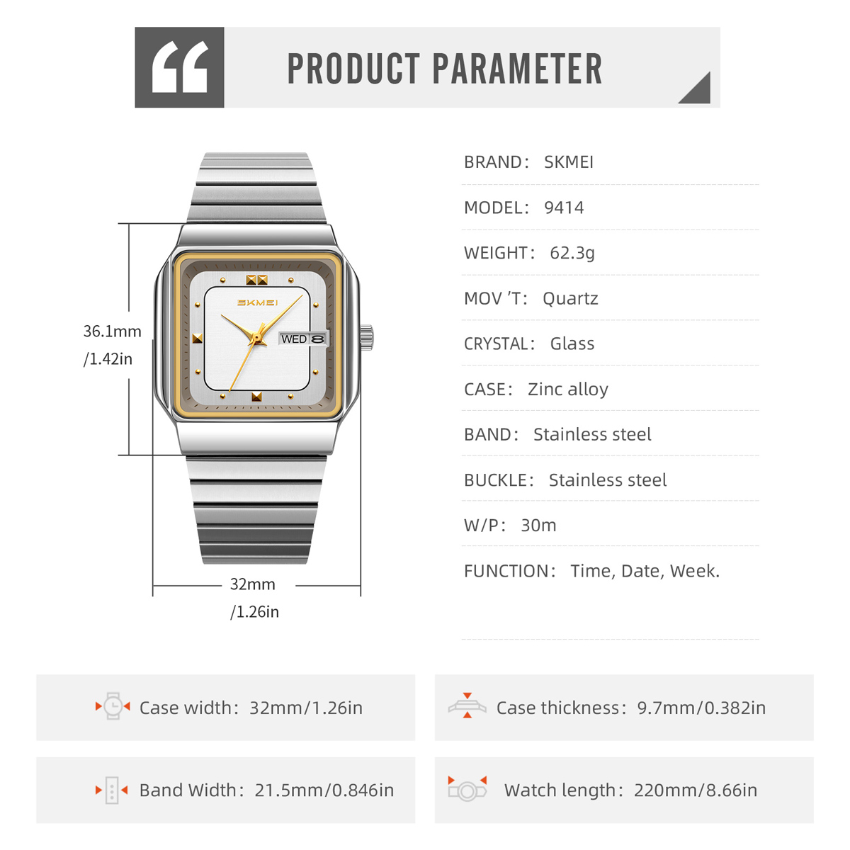 SKMEI Watch Model 9414 Men Quartz Watch