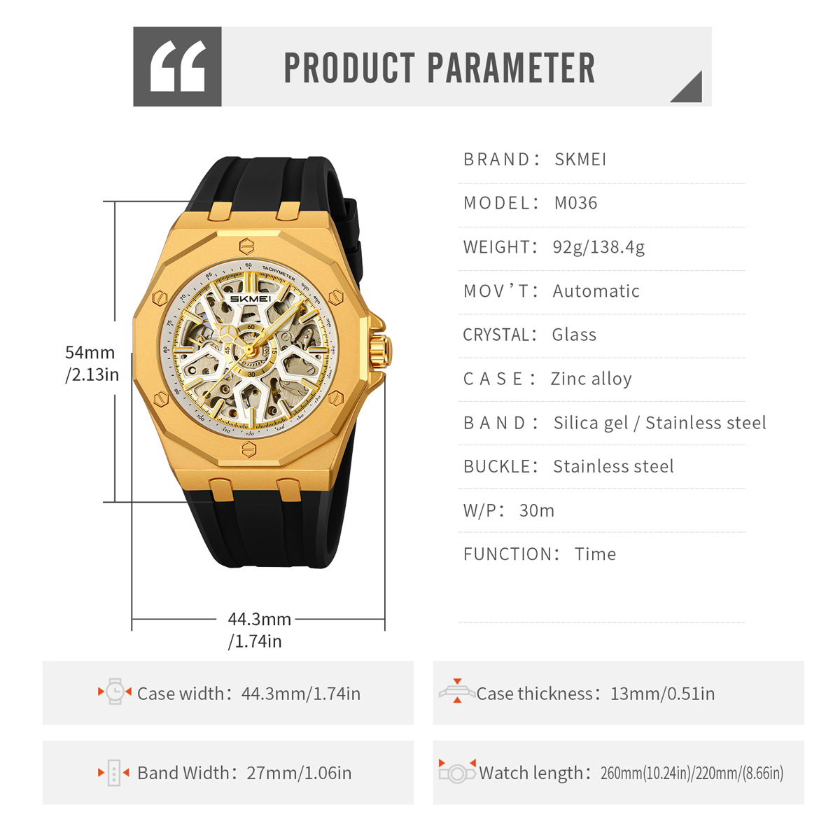 SKMEI New Arrival M036 Luxury Waterproof Mechanical Watch