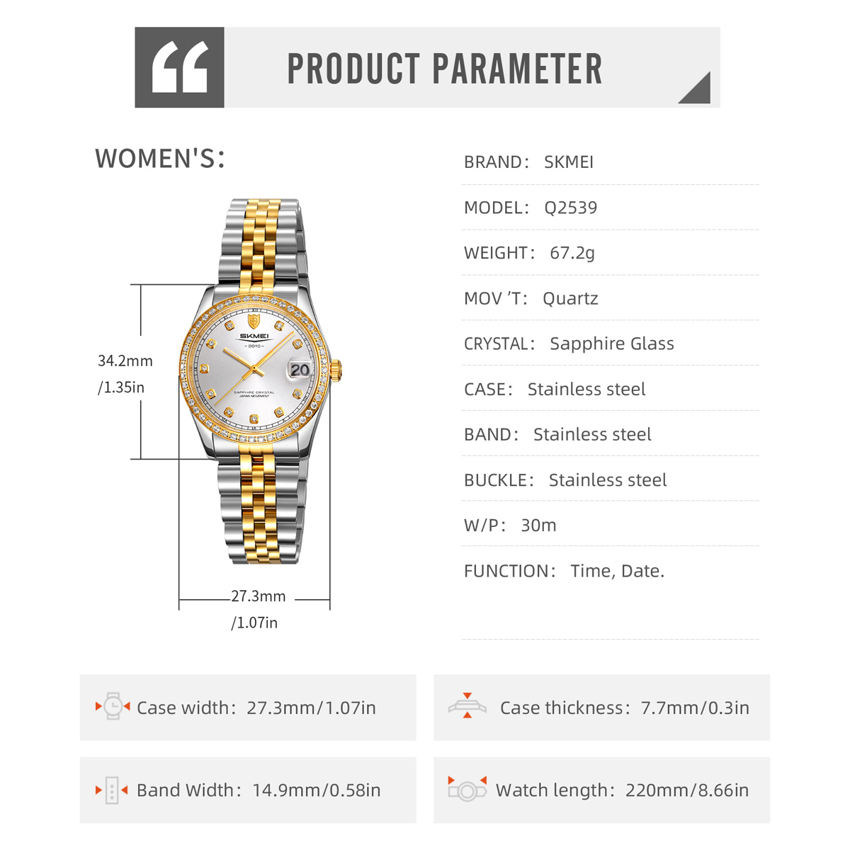 SKMEI Q2539 women Sapphire glass Stainless Steel Case Quartz Watch