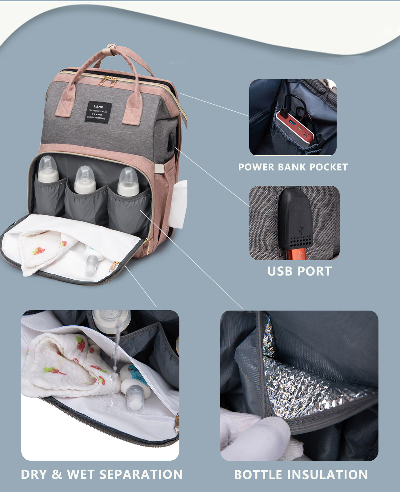 houscly Diaper Bag Backpack with Changing Station: Pink Baby Toddler Bags for Girls Boys Women Large Big Travel Backpack Pañaleras Modernas Para Bebe Niña Newborn Essentials Mom Must Haves Baby Registry