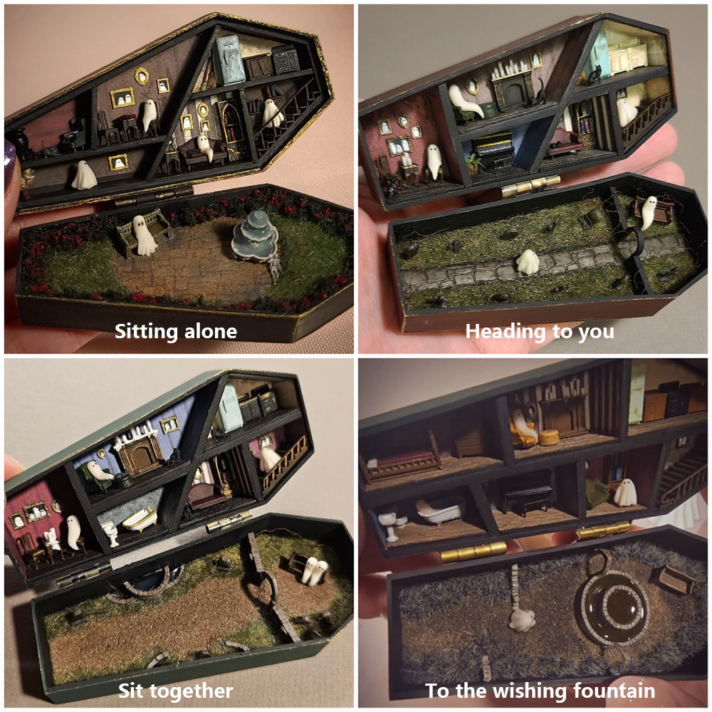 ?LOWEST PRICE IN HISTORY? Haunted coffin minature dollhouse with tiny ghosties inside