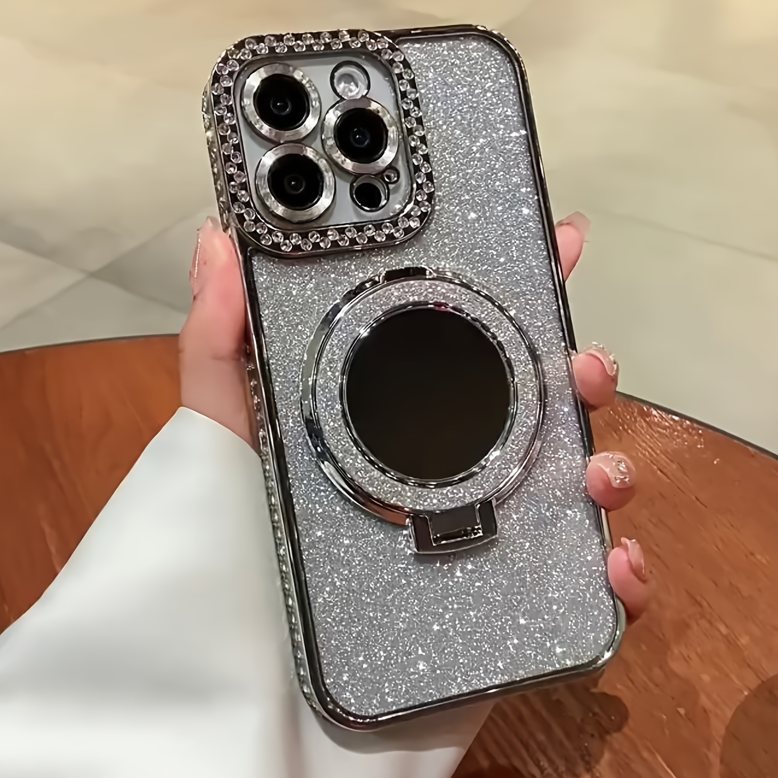 New Flash Double Row Diamond Mirror Magnetic Bracket Full Lens Phone Case