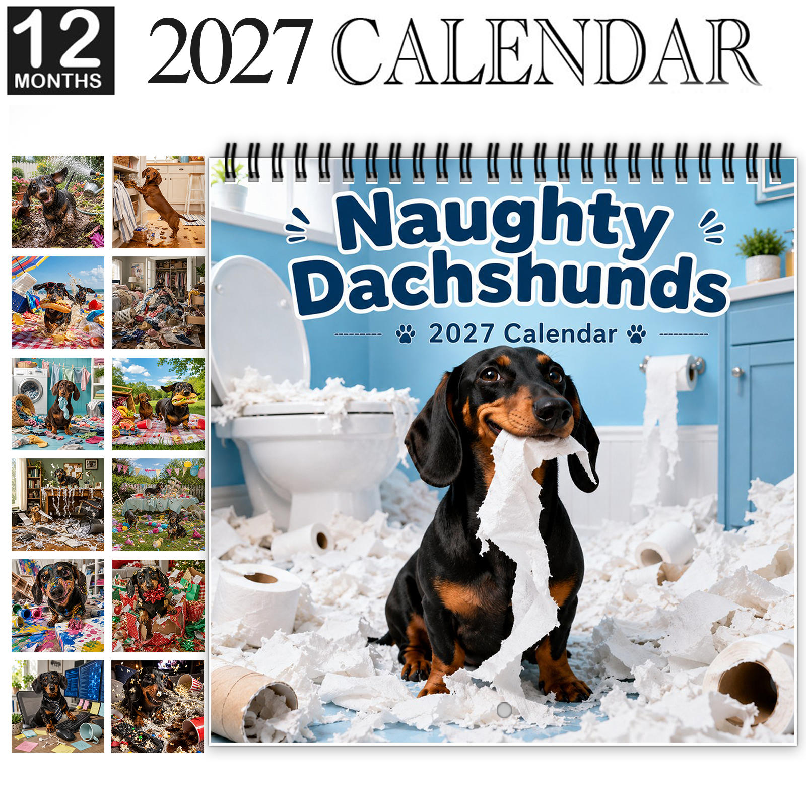 2027 Funny Dachshund Wall Calendar – 12-Month Spiral-Bound Calendar for Dachshund Lovers