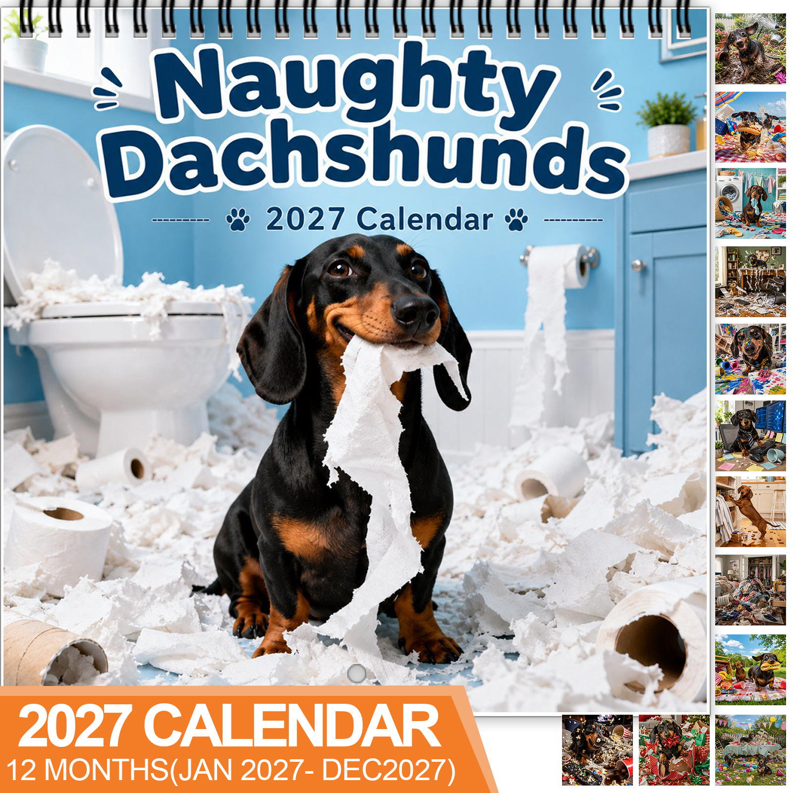 2027 Funny Dachshund Wall Calendar – 12-Month Spiral-Bound Calendar for Dachshund Lovers