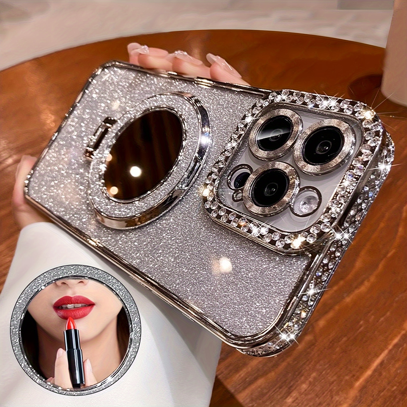 New Flash Double Row Diamond Mirror Magnetic Bracket Full Lens Phone Case