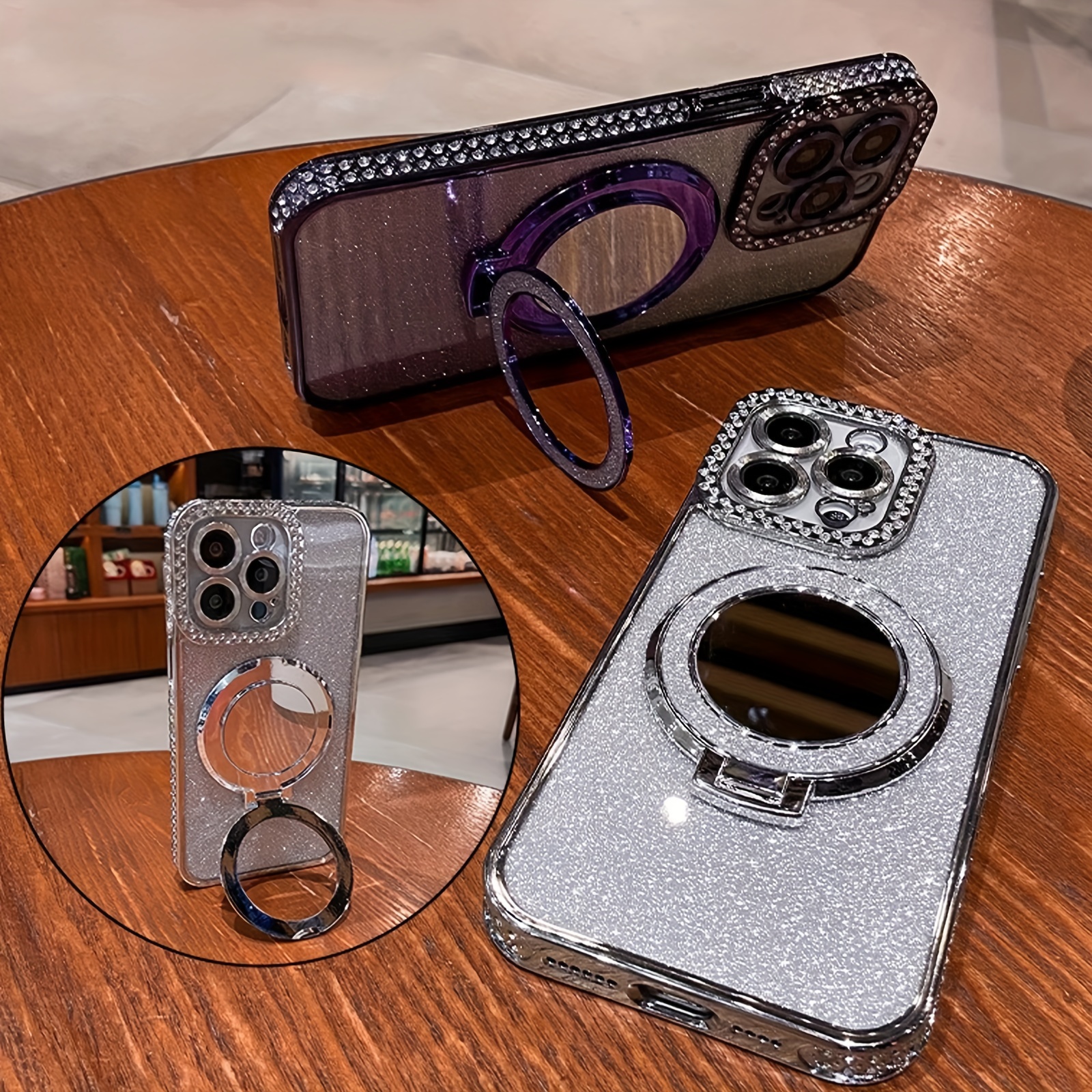 New Flash Double Row Diamond Mirror Magnetic Bracket Full Lens Phone Case