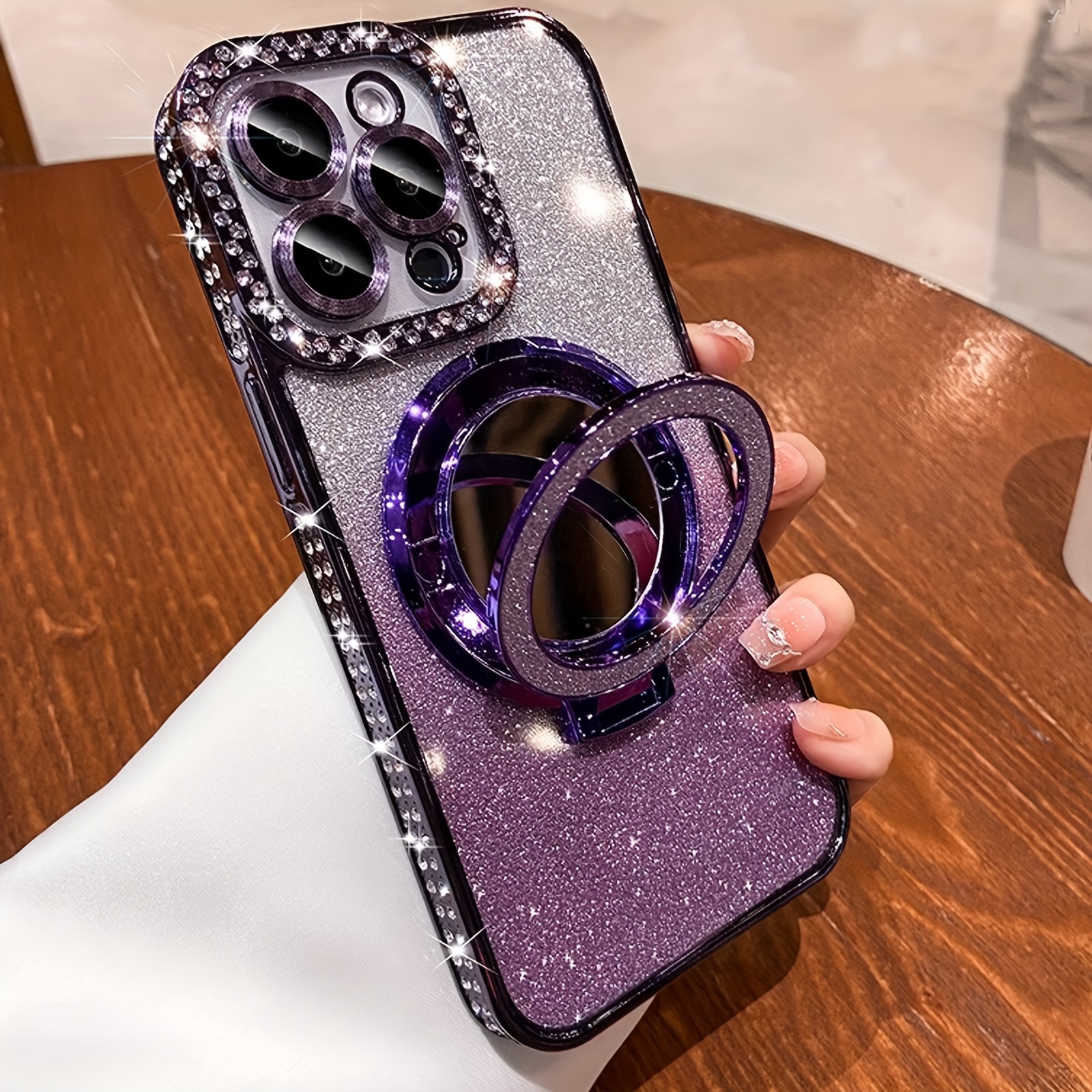 New Flash Double Row Diamond Mirror Magnetic Bracket Full Lens Phone Case