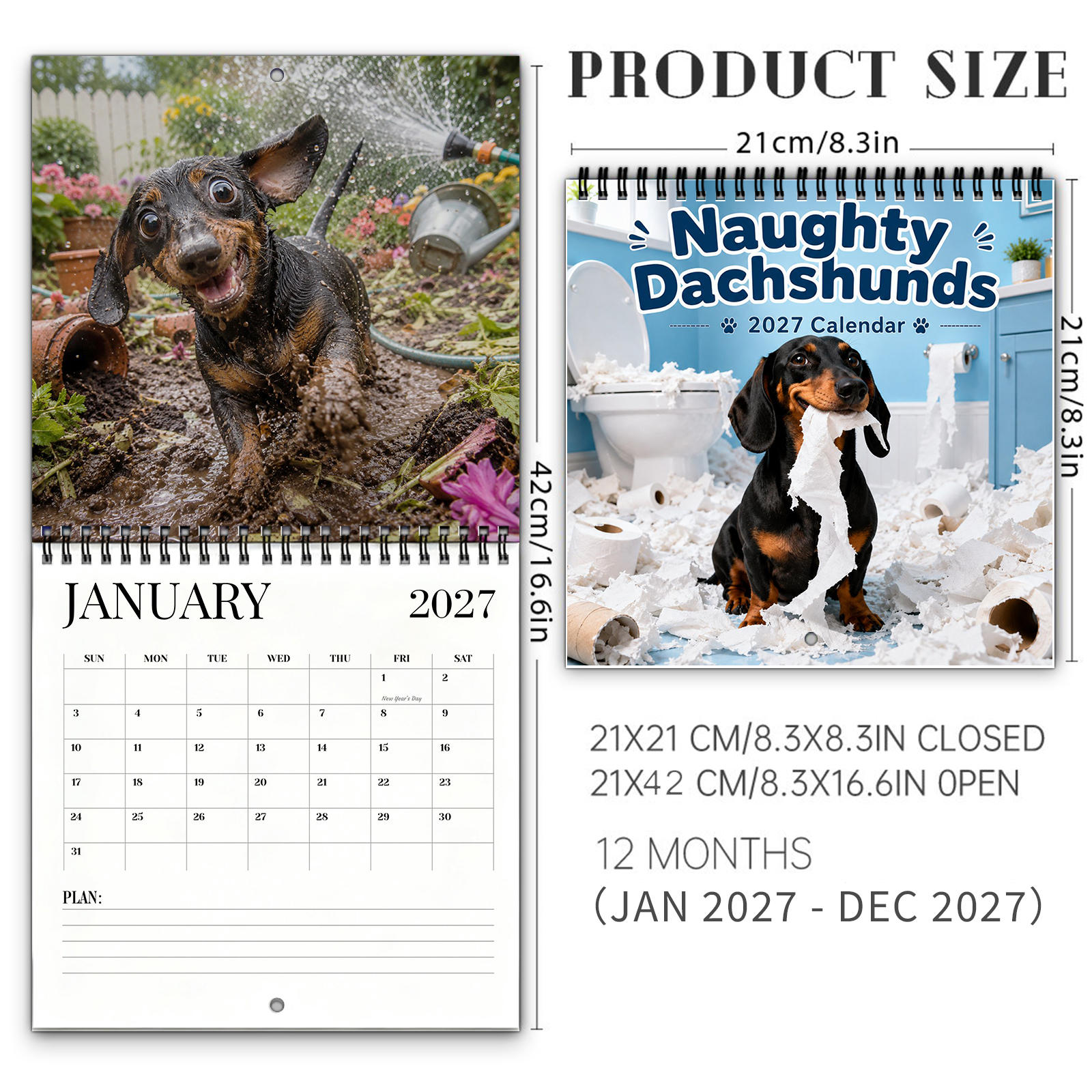 2027 Funny Dachshund Wall Calendar – 12-Month Spiral-Bound Calendar for Dachshund Lovers