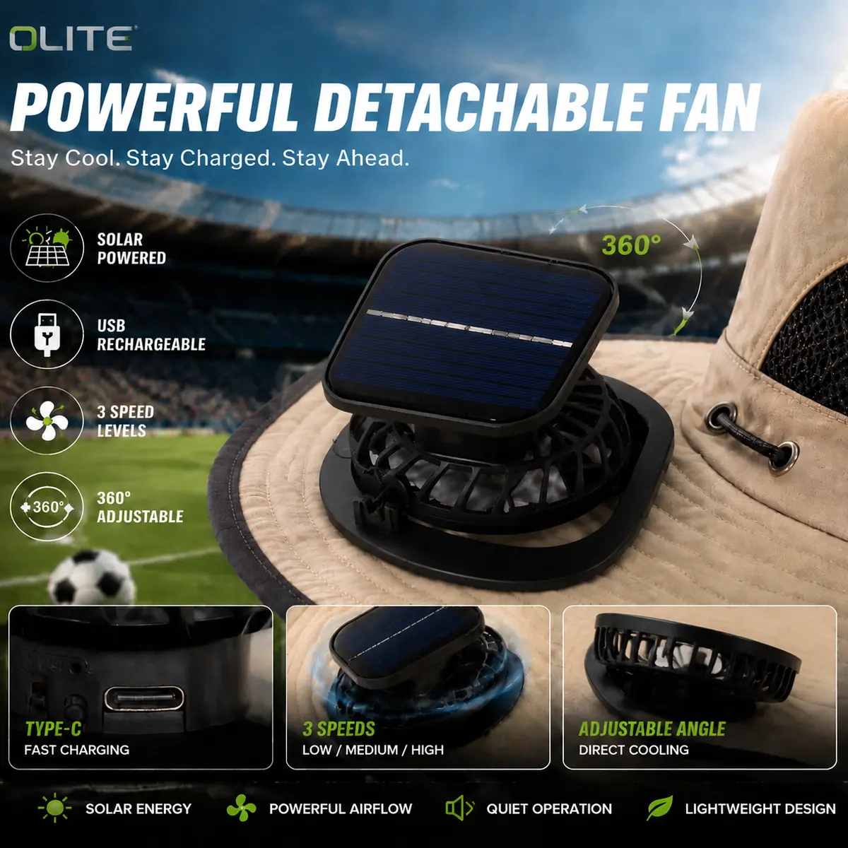 New Solar-Powered Outdoor Cooling Fan Hat — Sun Protection Hat with Solar Fan | Dual-Power Rechargeable Fan | Outdoor Water-Resistant Fan | Ideal for Sporting Events | Unisex Design | 