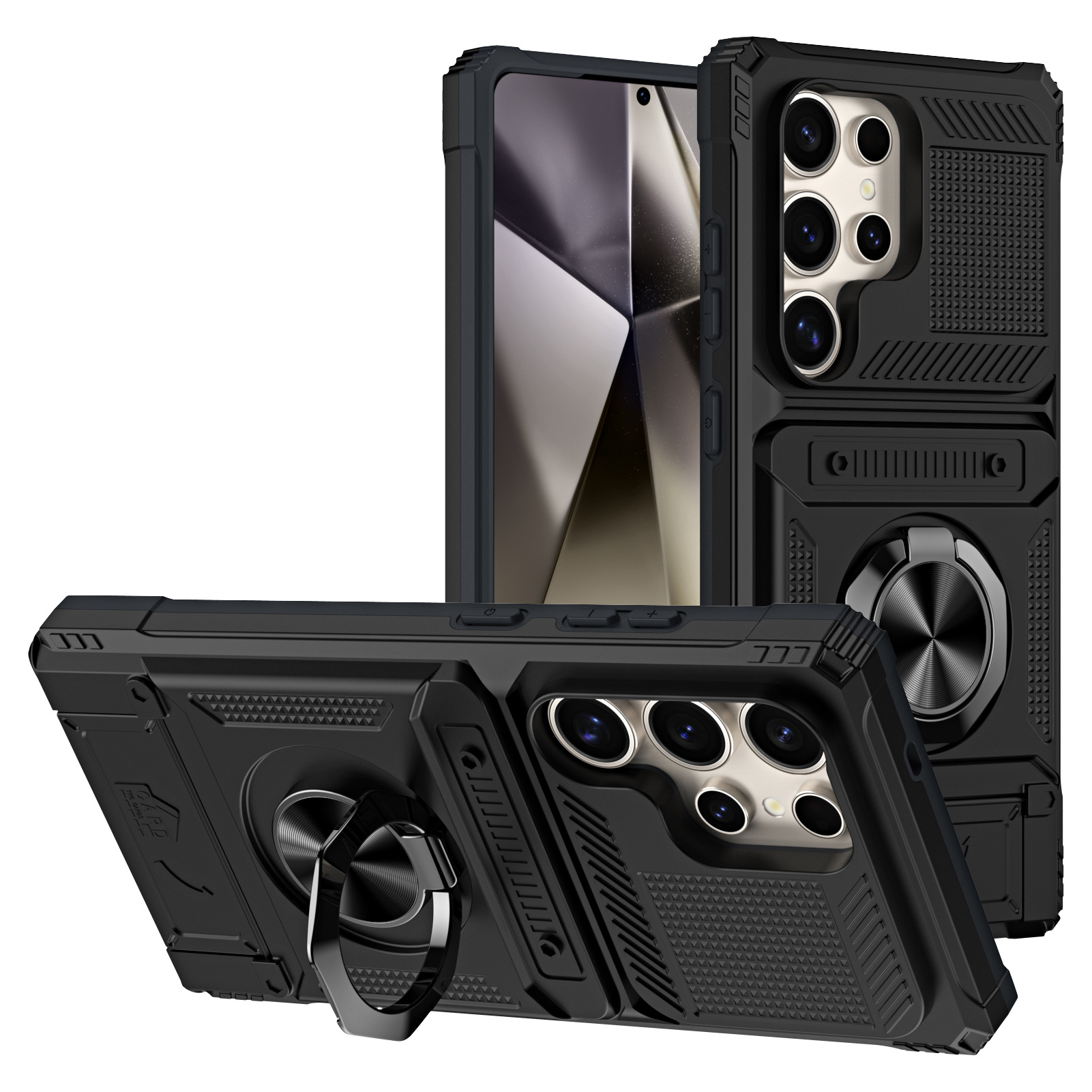 Magnetic Shockproof Phone Case with Ring Stand & Sliding Hidden Card Holder For Samsung S23/24/25 Series