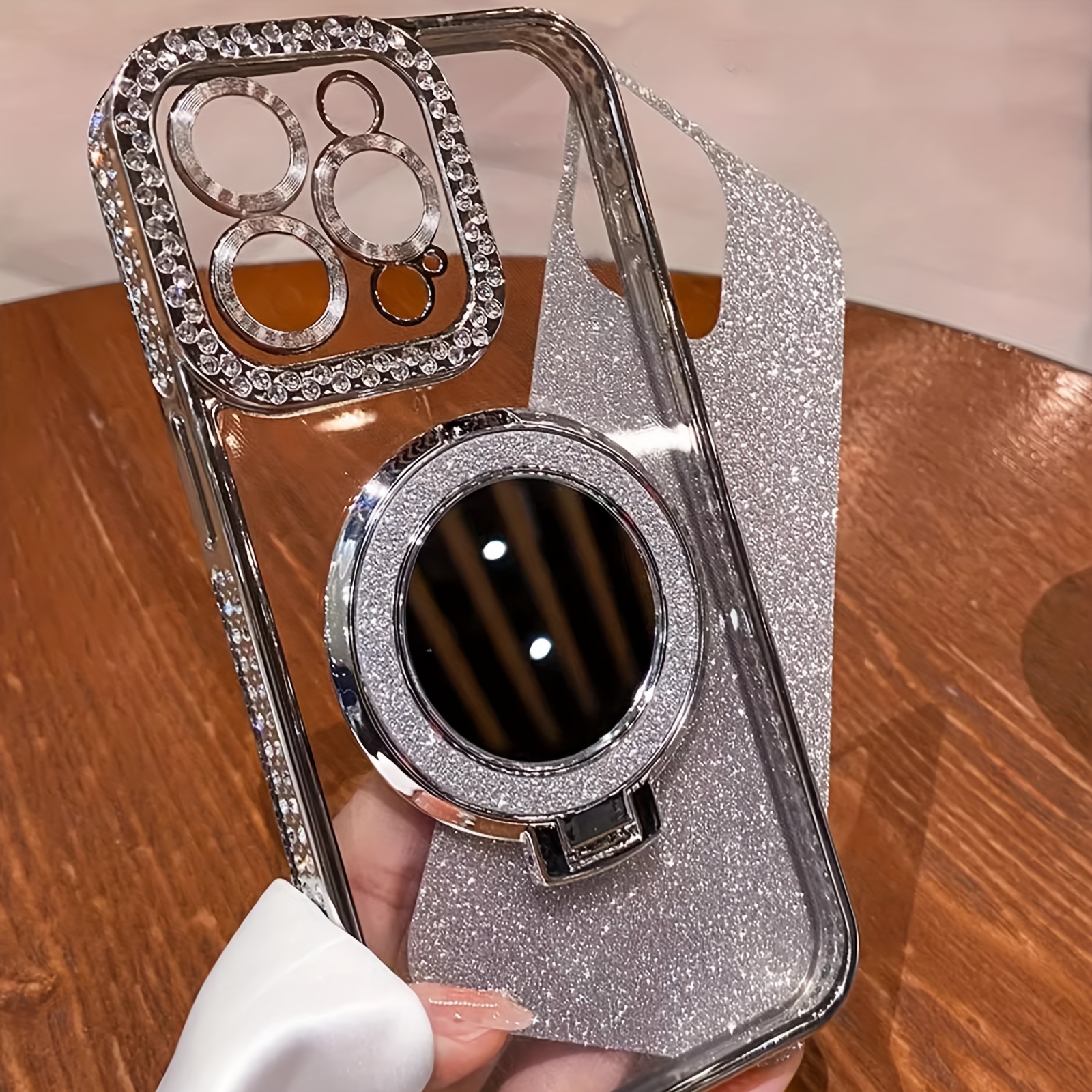 New Flash Double Row Diamond Mirror Magnetic Bracket Full Lens Phone Case