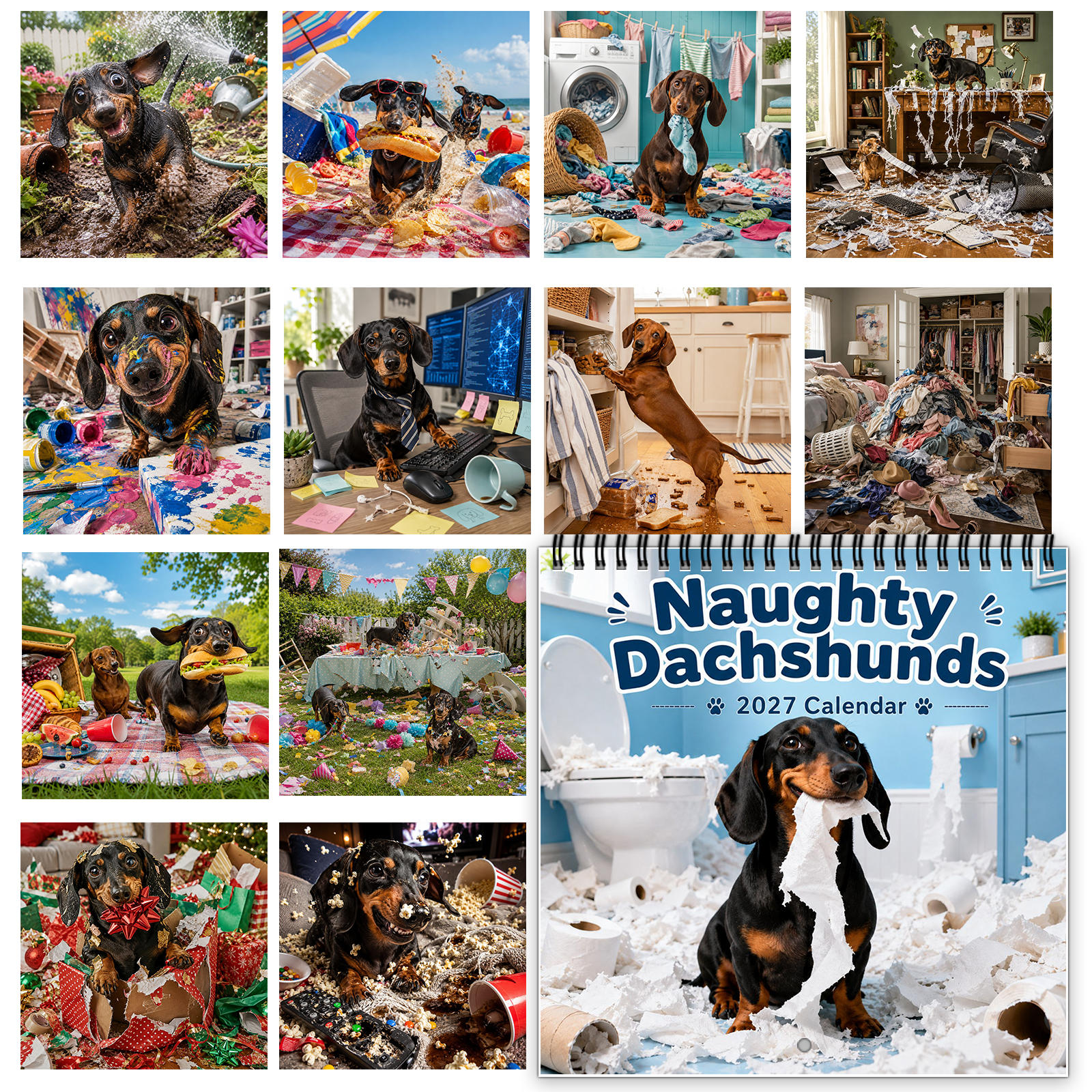 2027 Funny Dachshund Wall Calendar – 12-Month Spiral-Bound Calendar for Dachshund Lovers