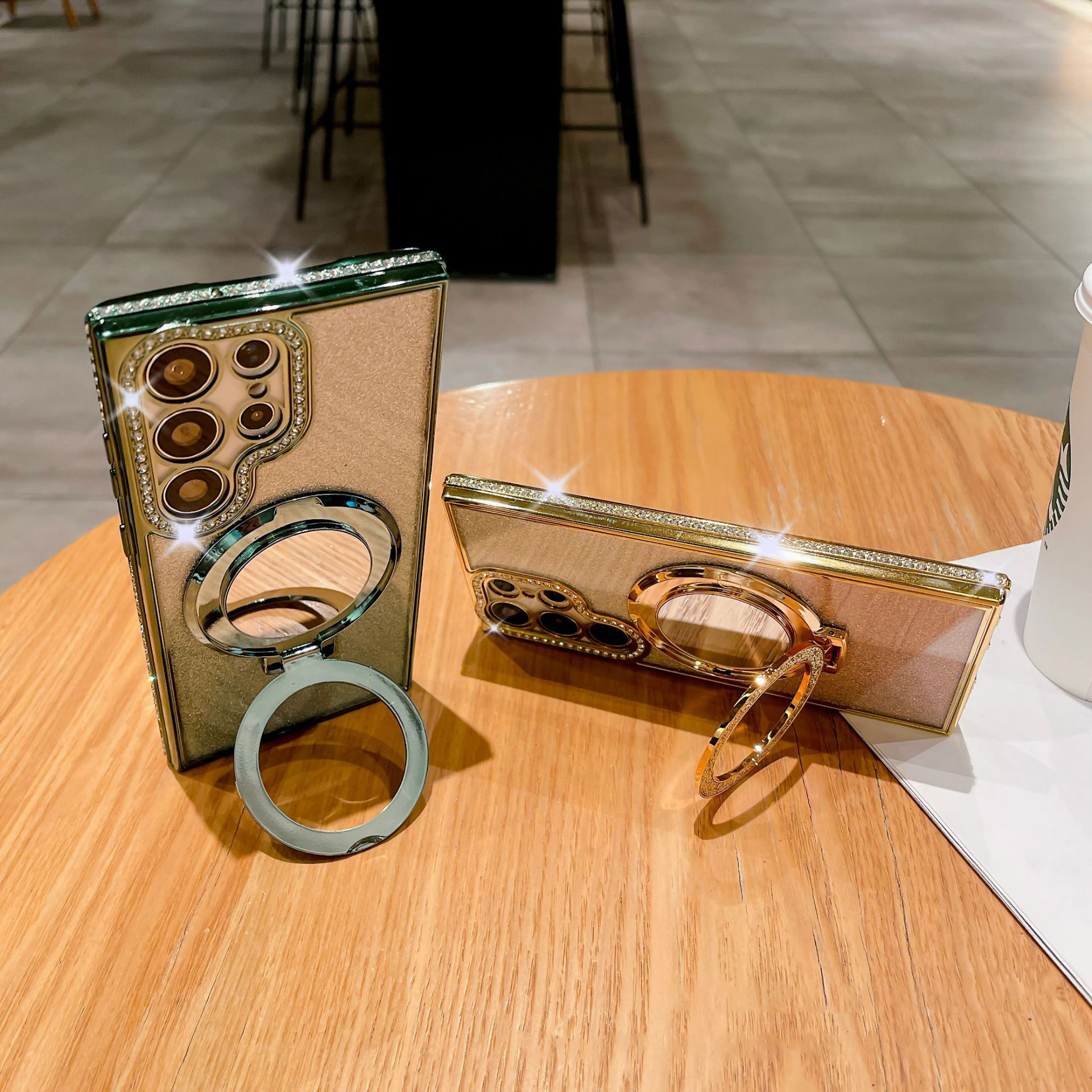New Gradient Diamond Magnetic Holder with Cosmetic Mirror Phone Case For Samsung S22-25 Series