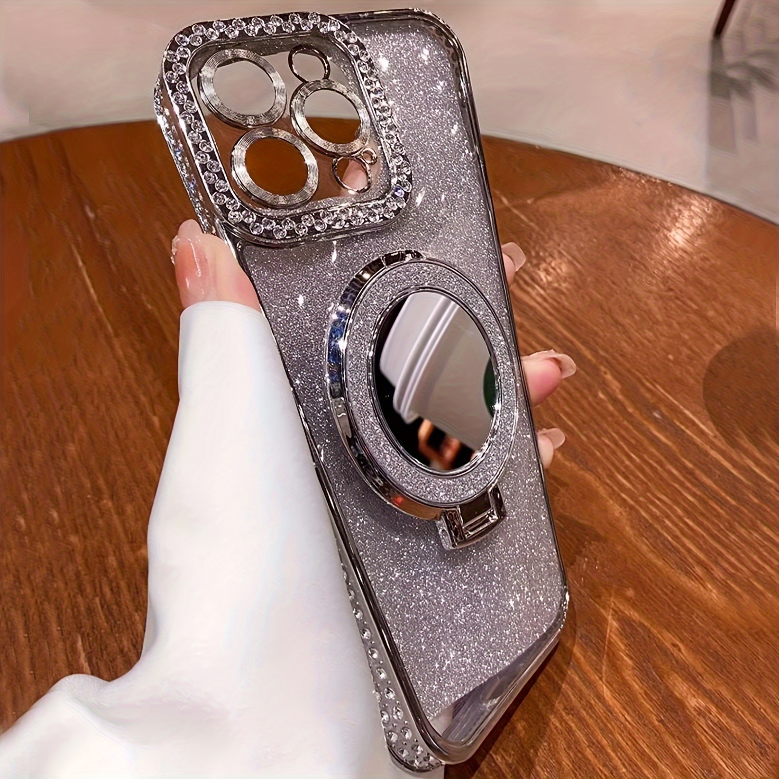 New Flash Double Row Diamond Mirror Magnetic Bracket Full Lens Phone Case