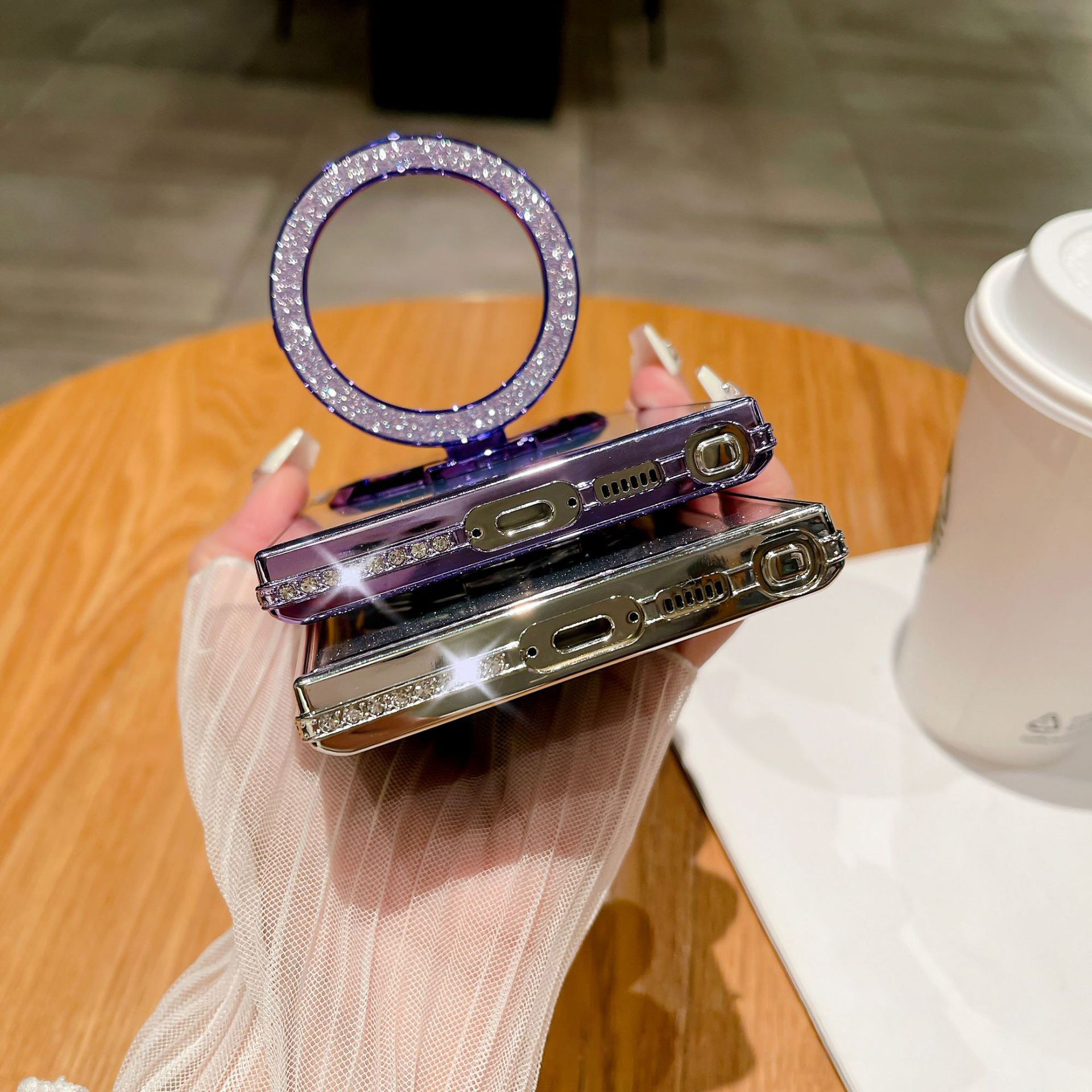 New Gradient Diamond Magnetic Holder with Cosmetic Mirror Phone Case For Samsung S22-25 Series