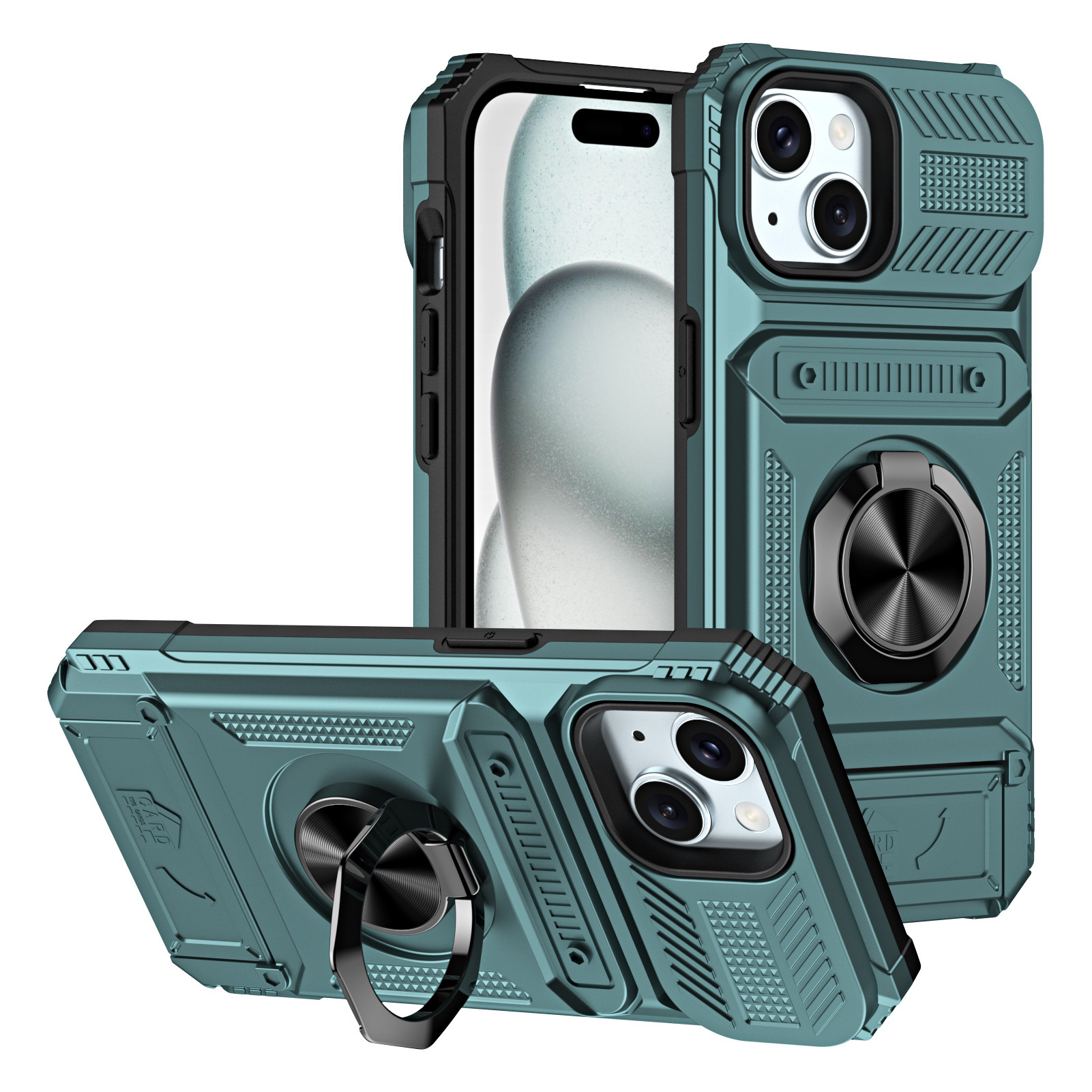 Magnetic Shockproof Phone Case with Ring Stand & Sliding Hidden Card Holder For iPhone 13/14/15/16 Series