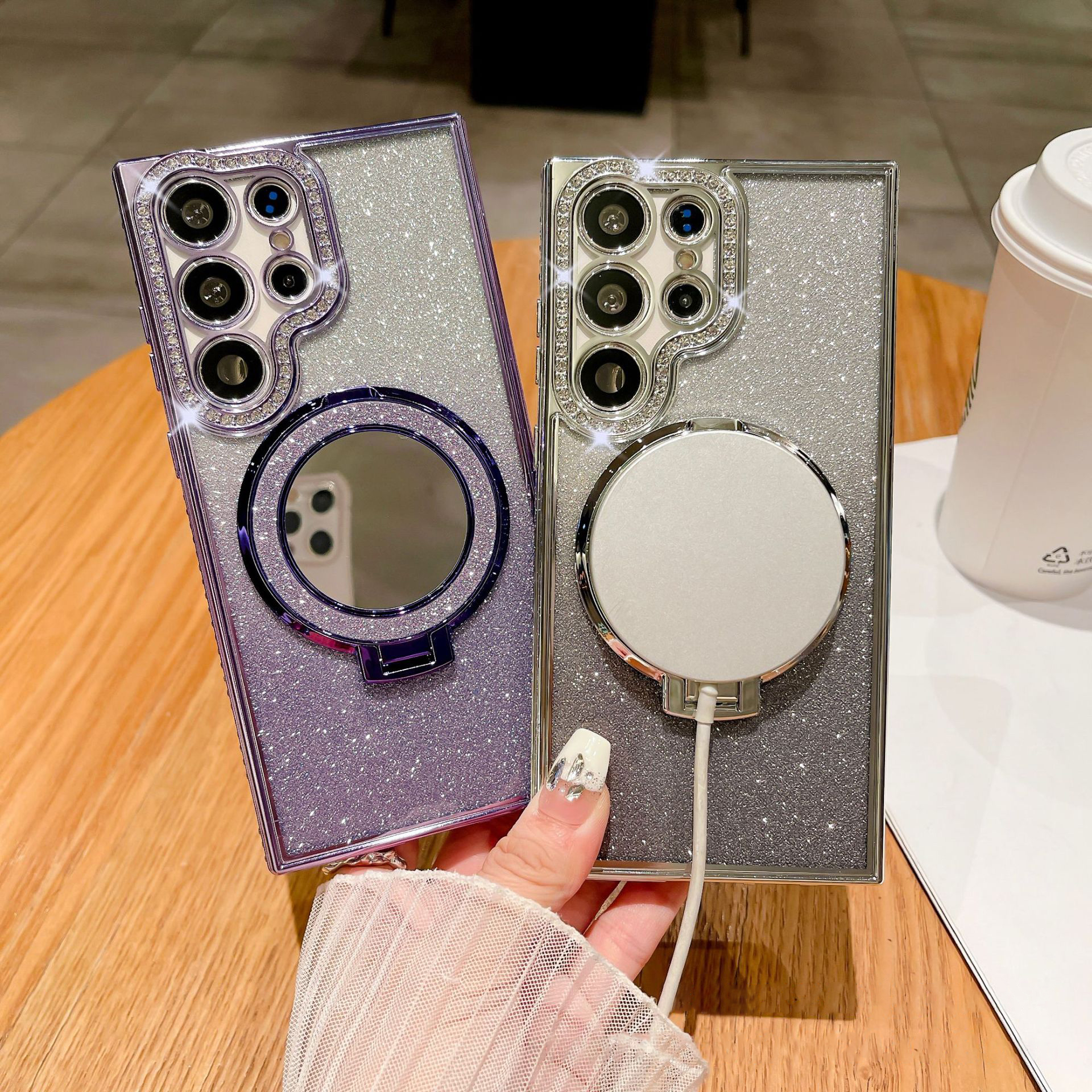 New Gradient Diamond Magnetic Holder with Cosmetic Mirror Phone Case For Samsung S22-25 Series