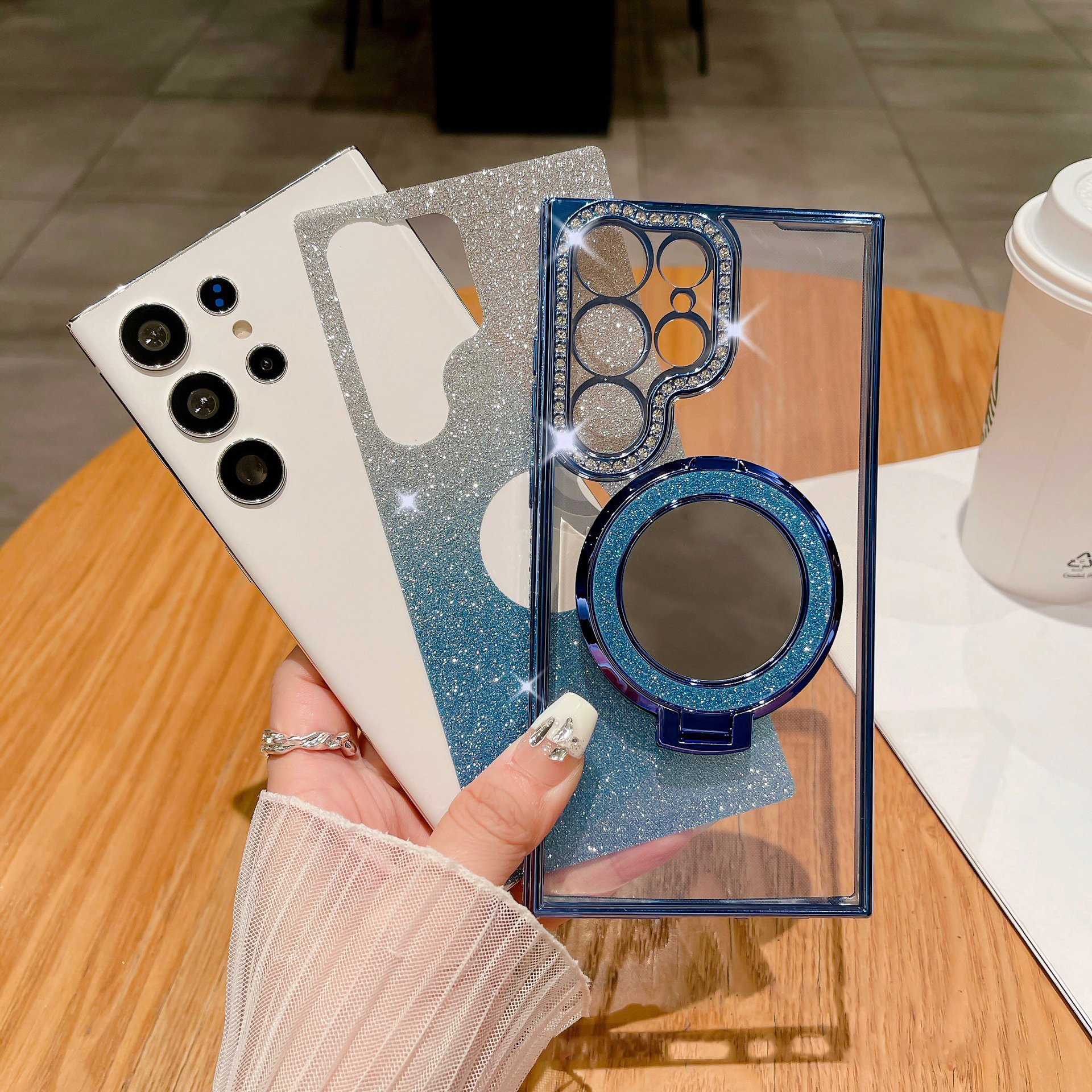 New Gradient Diamond Magnetic Holder with Cosmetic Mirror Phone Case For Samsung S22-25 Series