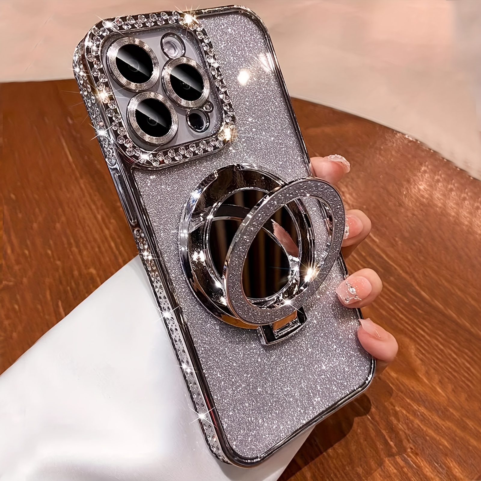 New Flash Double Row Diamond Mirror Magnetic Bracket Full Lens Phone Case