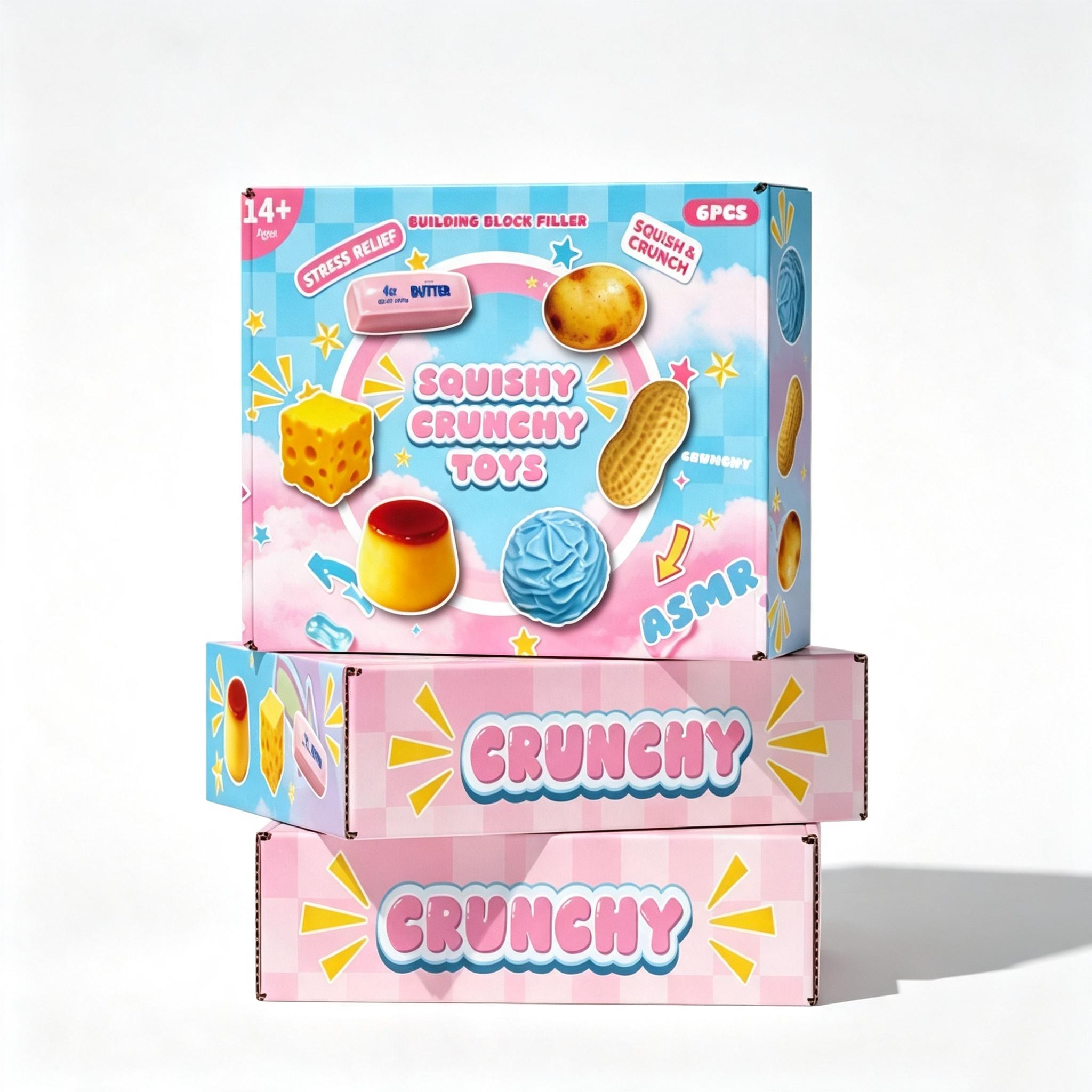 6-Piece Squishy Crunchy Stress Relief Fidget Toys – ASMR Sensory Squeeze Balls in Fun Food Shapes