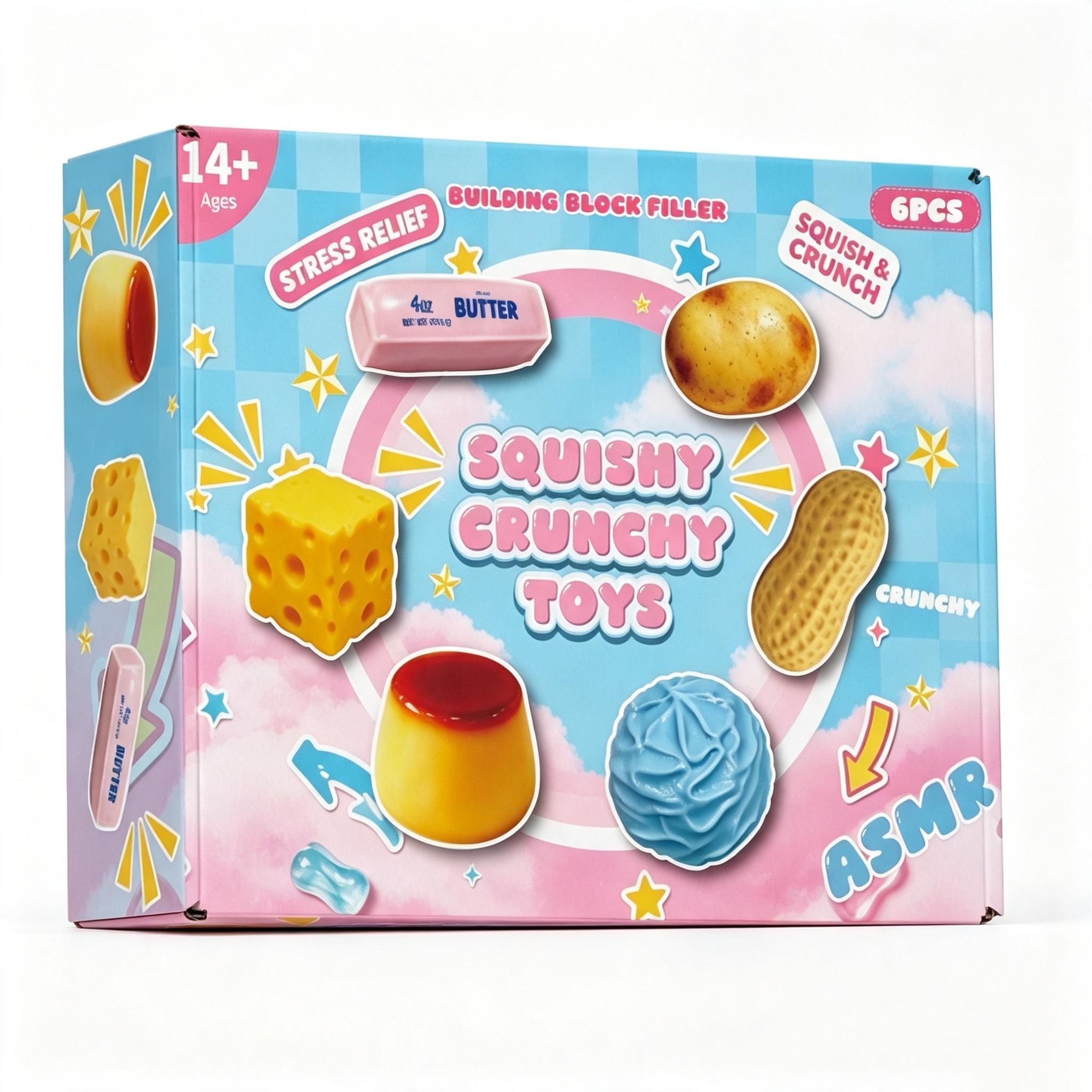 6-Piece Squishy Crunchy Stress Relief Fidget Toys – ASMR Sensory Squeeze Balls in Fun Food Shapes