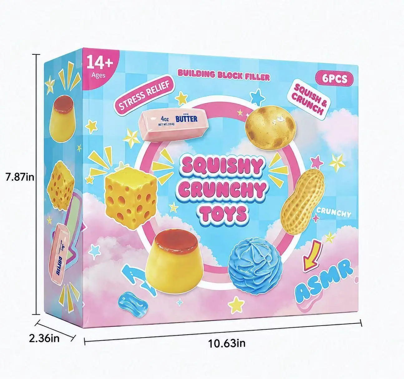 6-Piece Squishy Crunchy Stress Relief Fidget Toys – ASMR Sensory Squeeze Balls in Fun Food Shapes