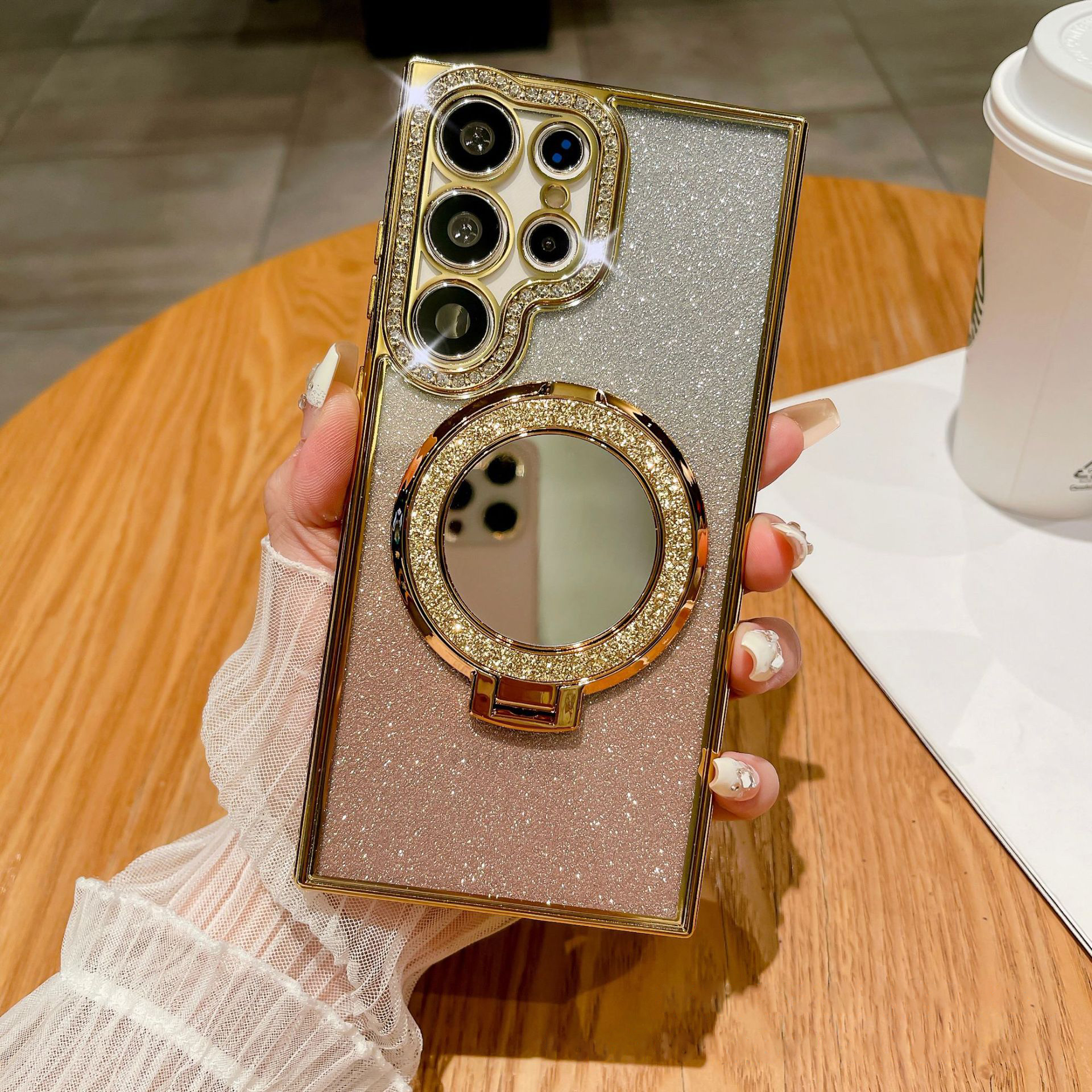 New Gradient Diamond Magnetic Holder with Cosmetic Mirror Phone Case For Samsung S22-25 Series