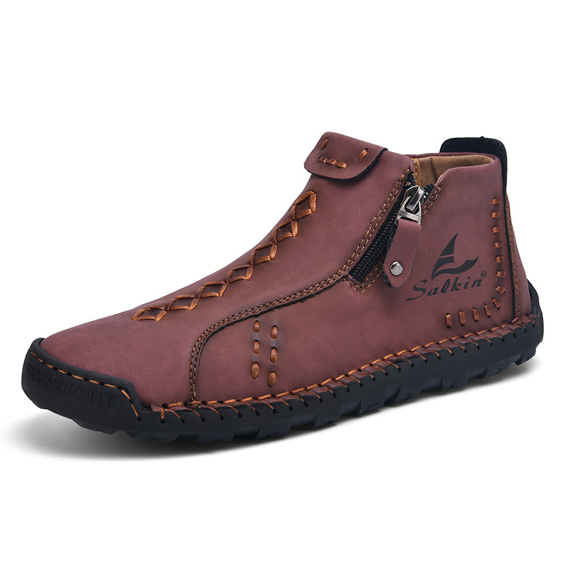 Men’s Vintage Work Boots – Handmade Outdoor Ankle Boots with Side Zipper
