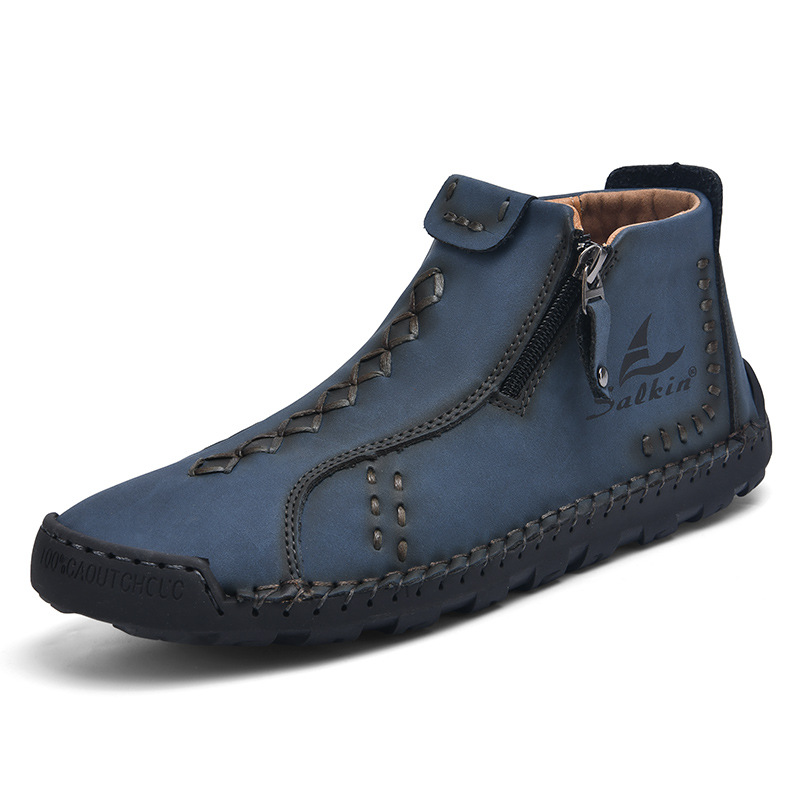 Men’s Vintage Work Boots – Handmade Outdoor Ankle Boots with Side Zipper