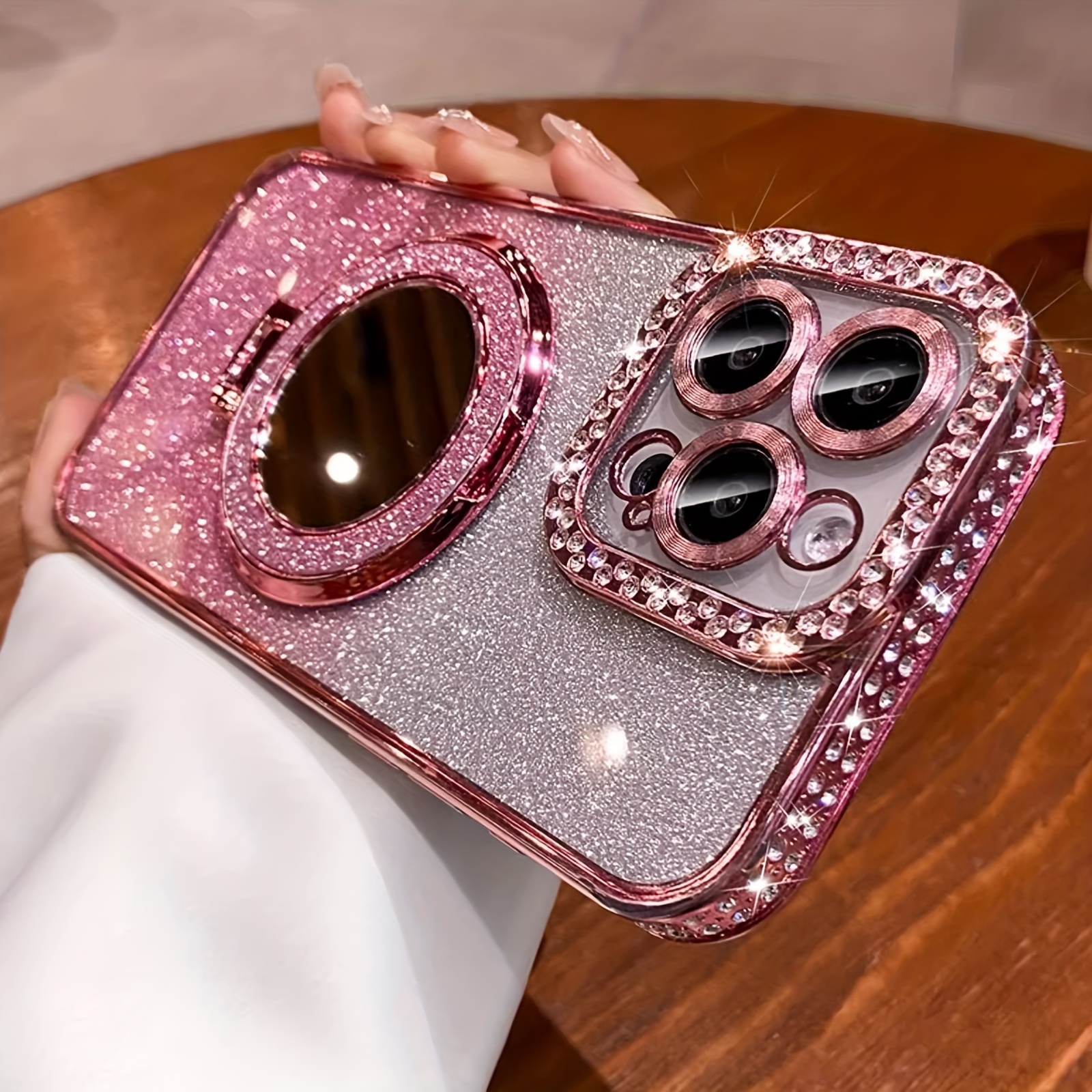 New Flash Double Row Diamond Mirror Magnetic Bracket Full Lens Phone Case