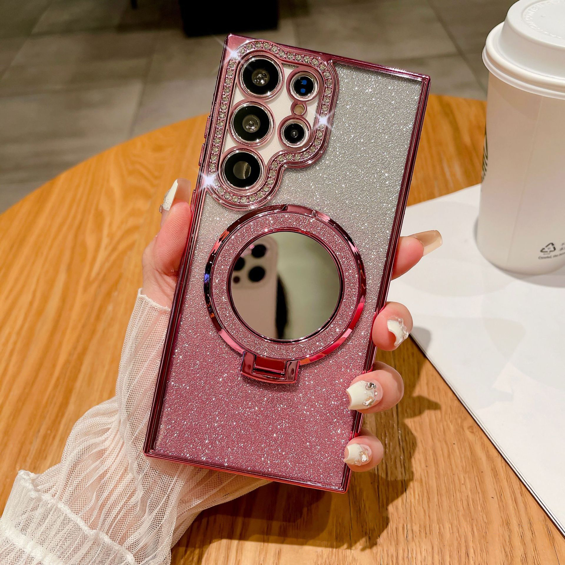 New Gradient Diamond Magnetic Holder with Cosmetic Mirror Phone Case For Samsung S22-25 Series