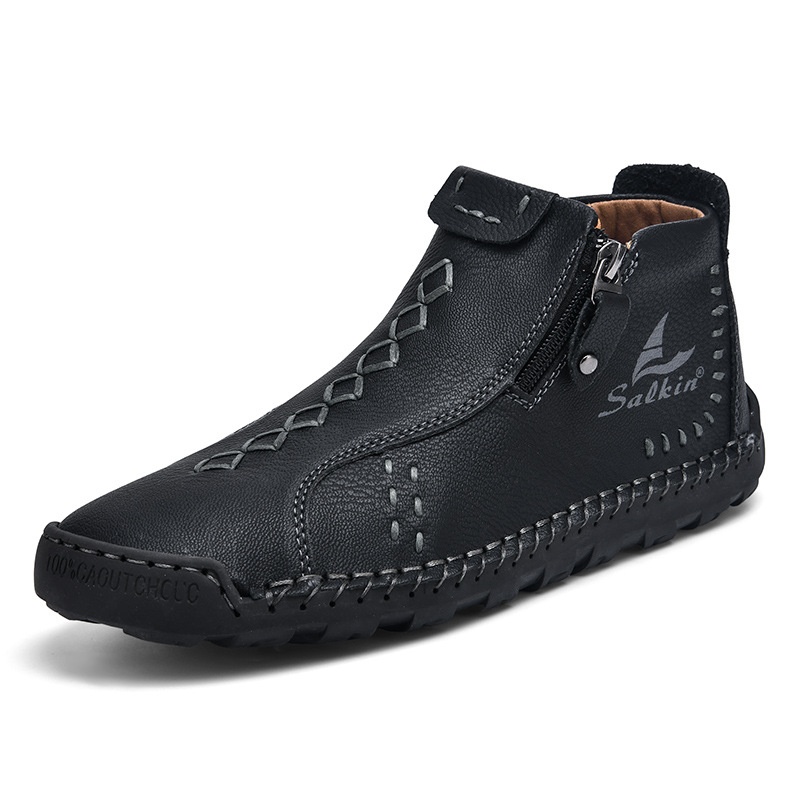 Men’s Vintage Work Boots – Handmade Outdoor Ankle Boots with Side Zipper