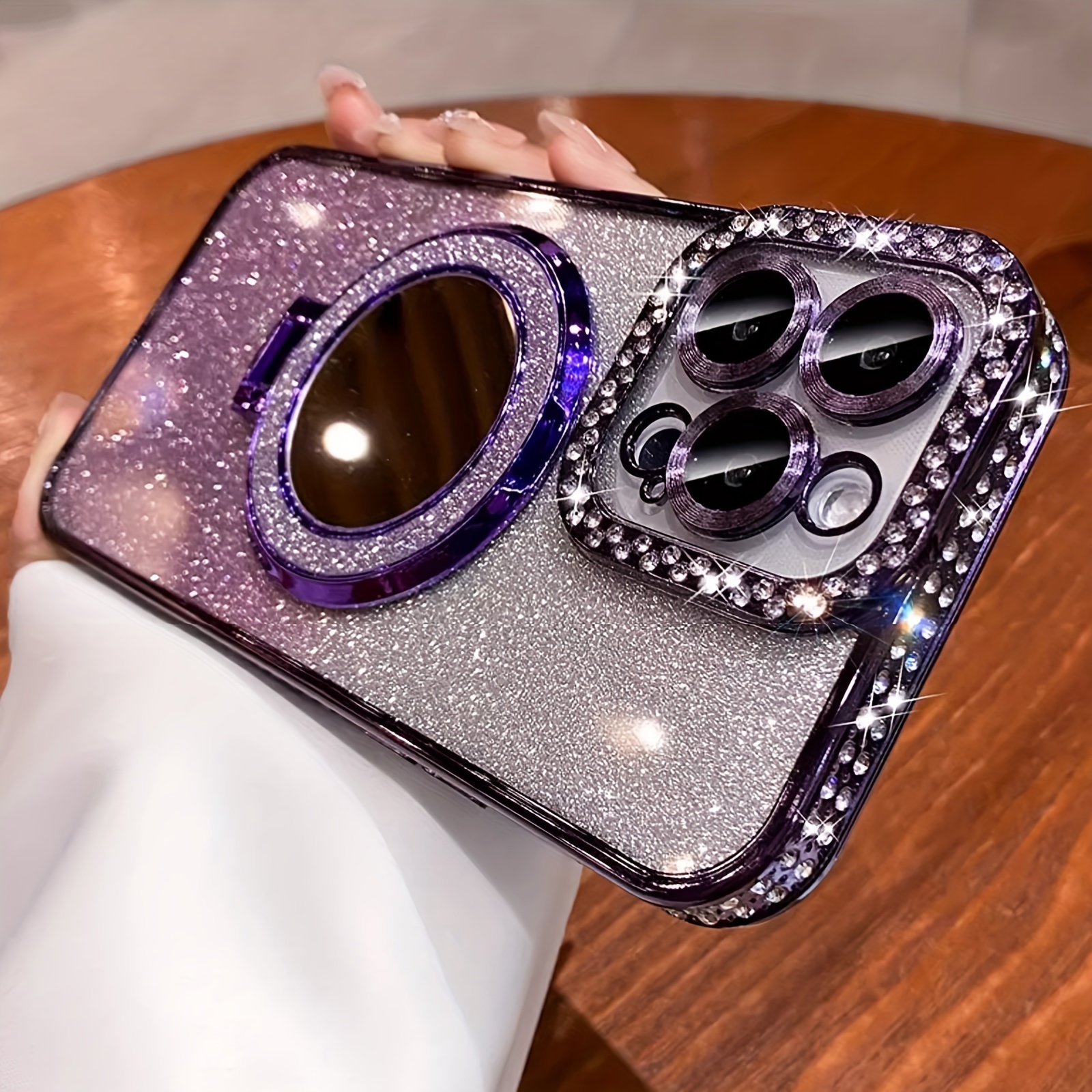 New Flash Double Row Diamond Mirror Magnetic Bracket Full Lens Phone Case