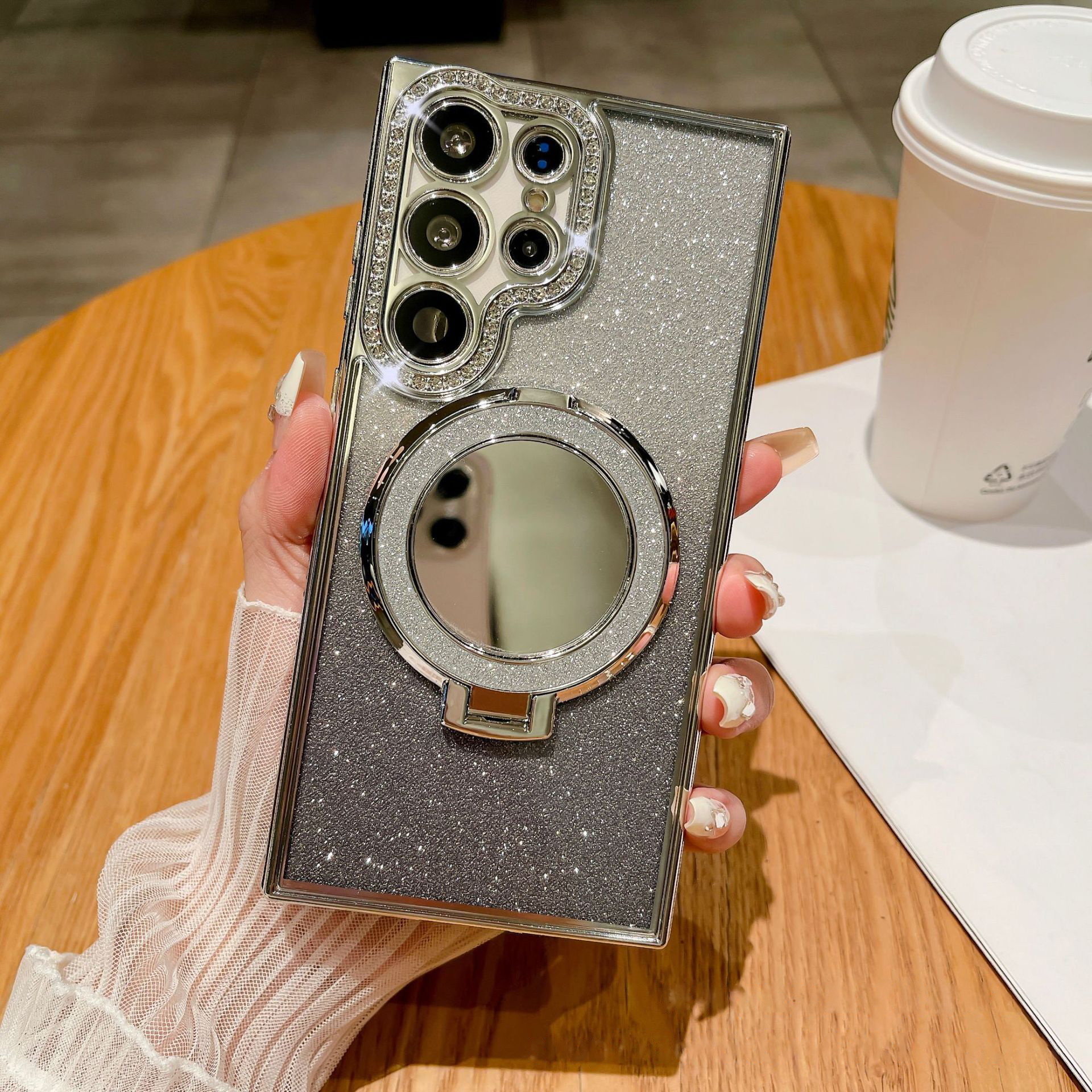 New Gradient Diamond Magnetic Holder with Cosmetic Mirror Phone Case For Samsung S22-25 Series
