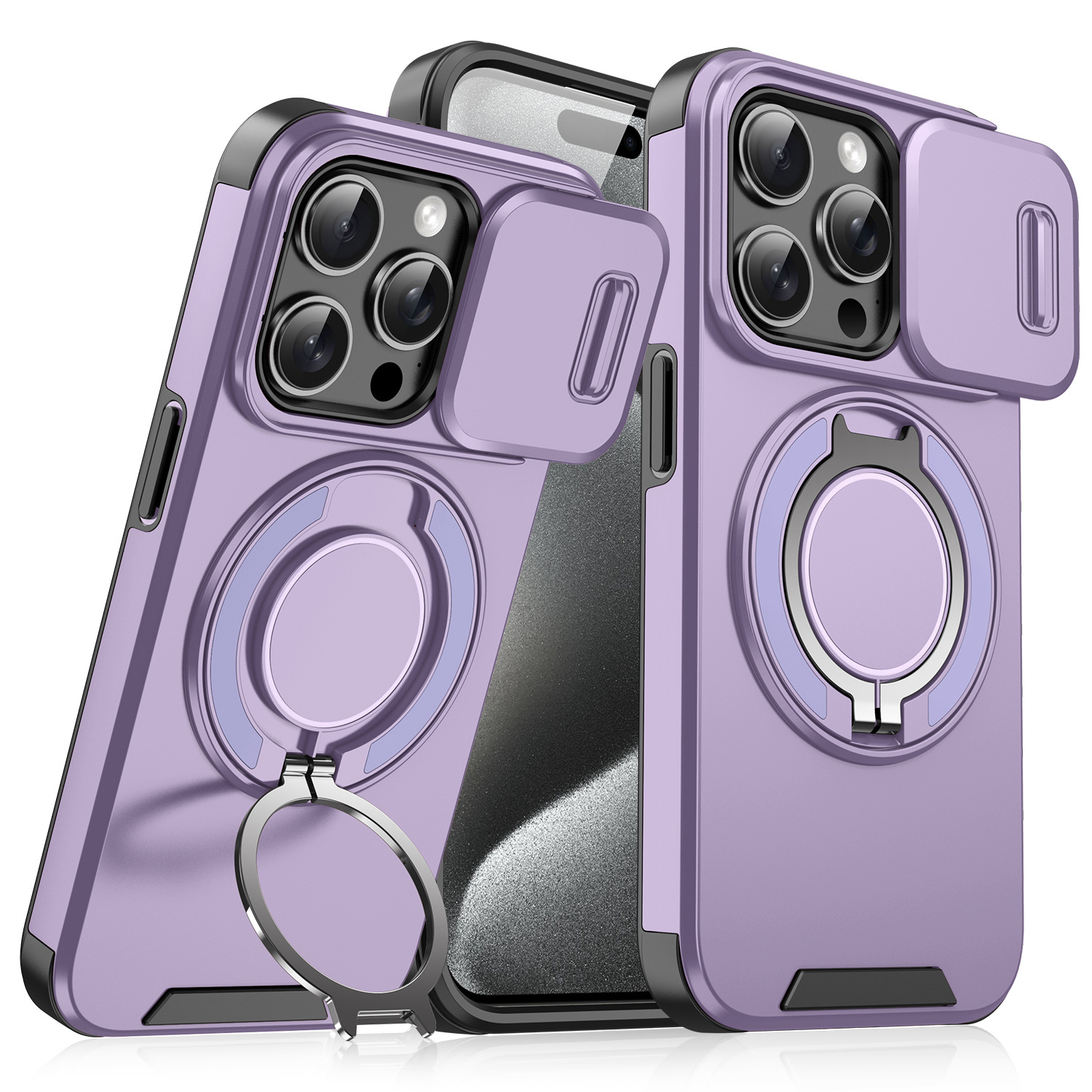 Magnetic Ring Kickstand Phone Case with Sliding Camera Cover For iPhone 12/13/14/15/16/17 Series
