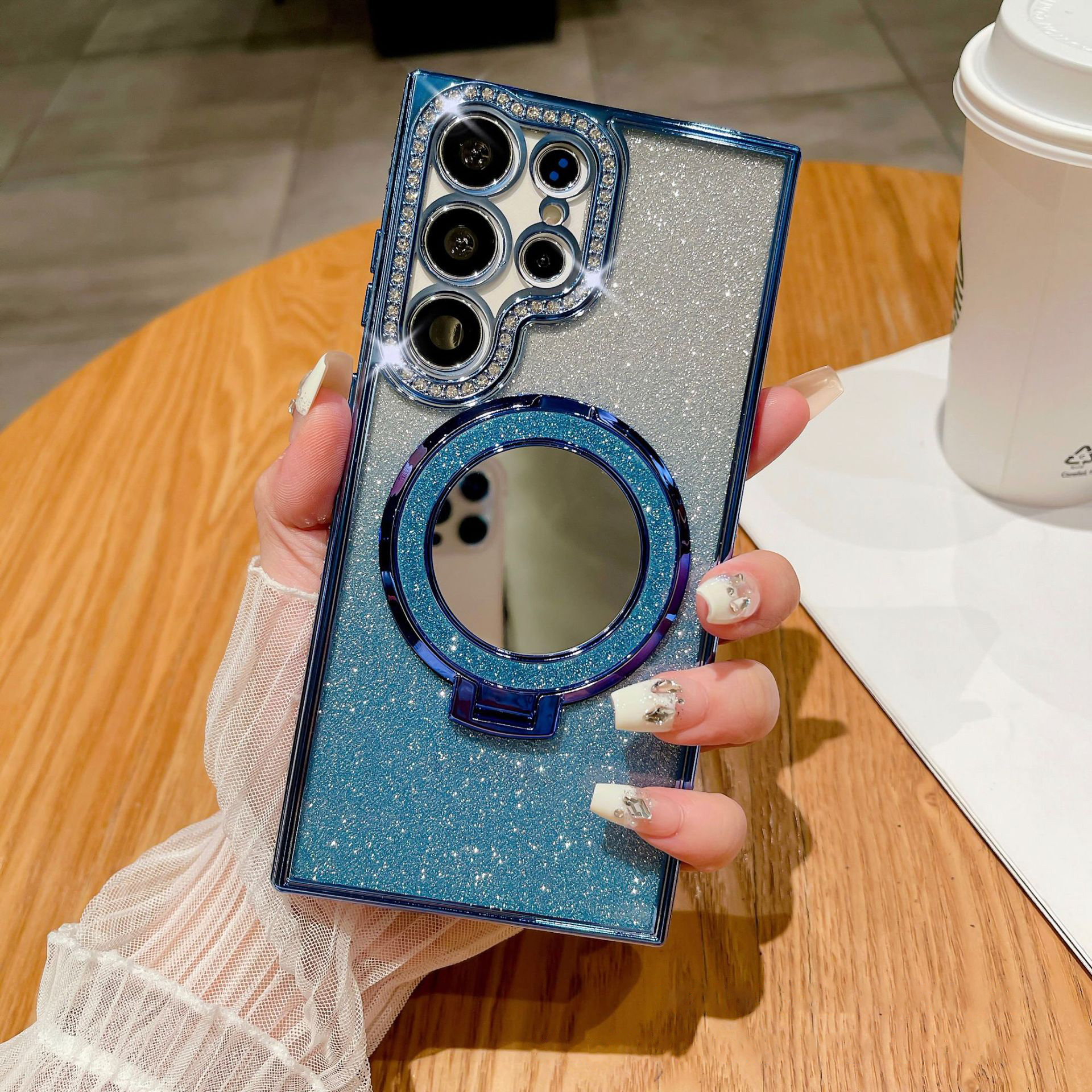 New Gradient Diamond Magnetic Holder with Cosmetic Mirror Phone Case For Samsung S22-25 Series