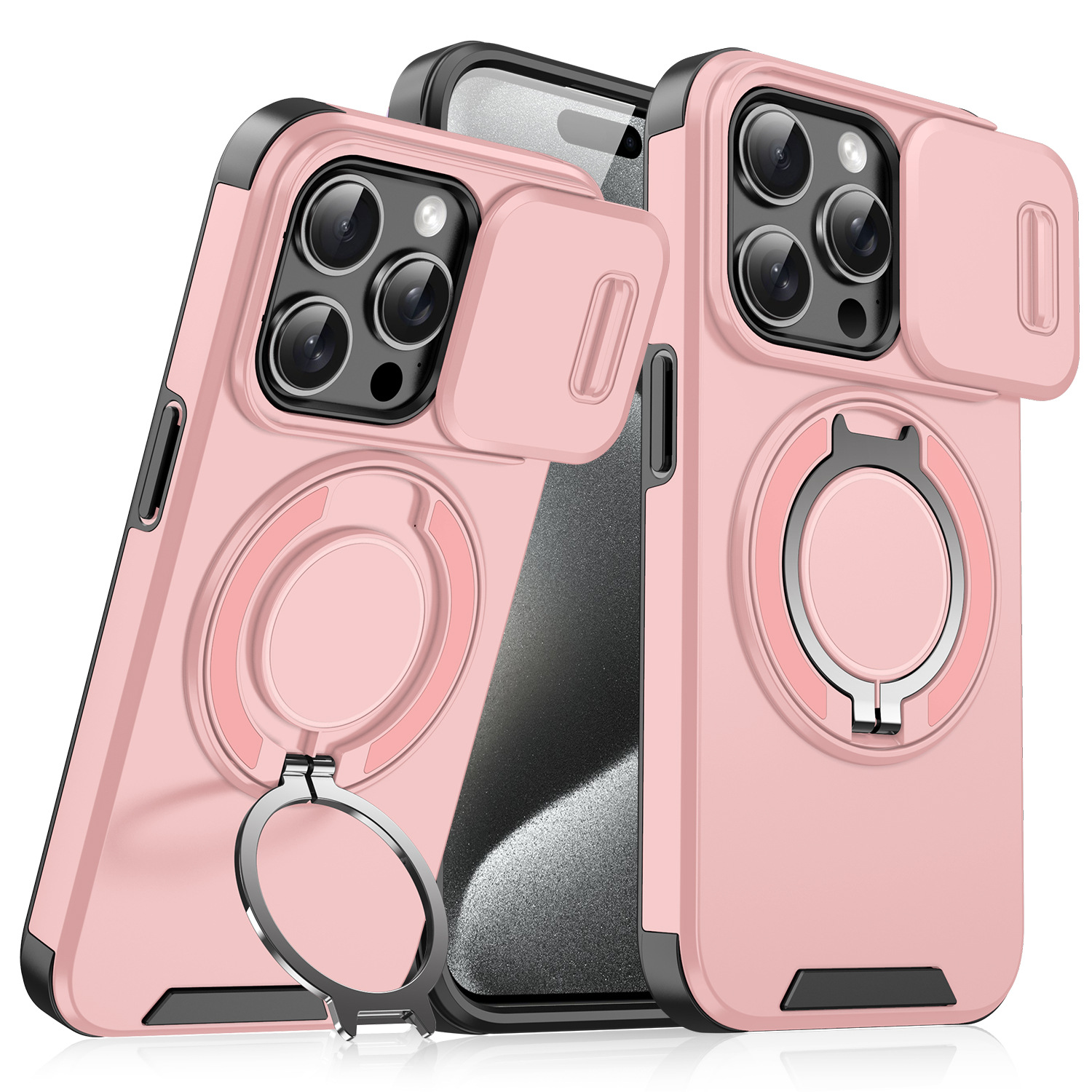 Magnetic Ring Kickstand Phone Case with Sliding Camera Cover For iPhone 12/13/14/15/16/17 Series