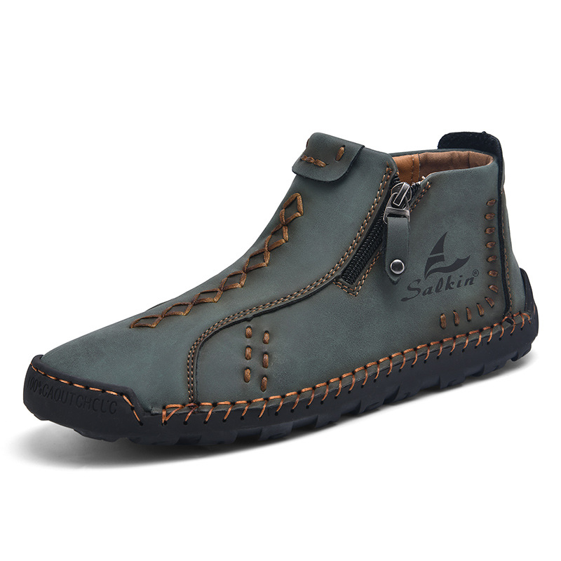 Men’s Vintage Work Boots – Handmade Outdoor Ankle Boots with Side Zipper