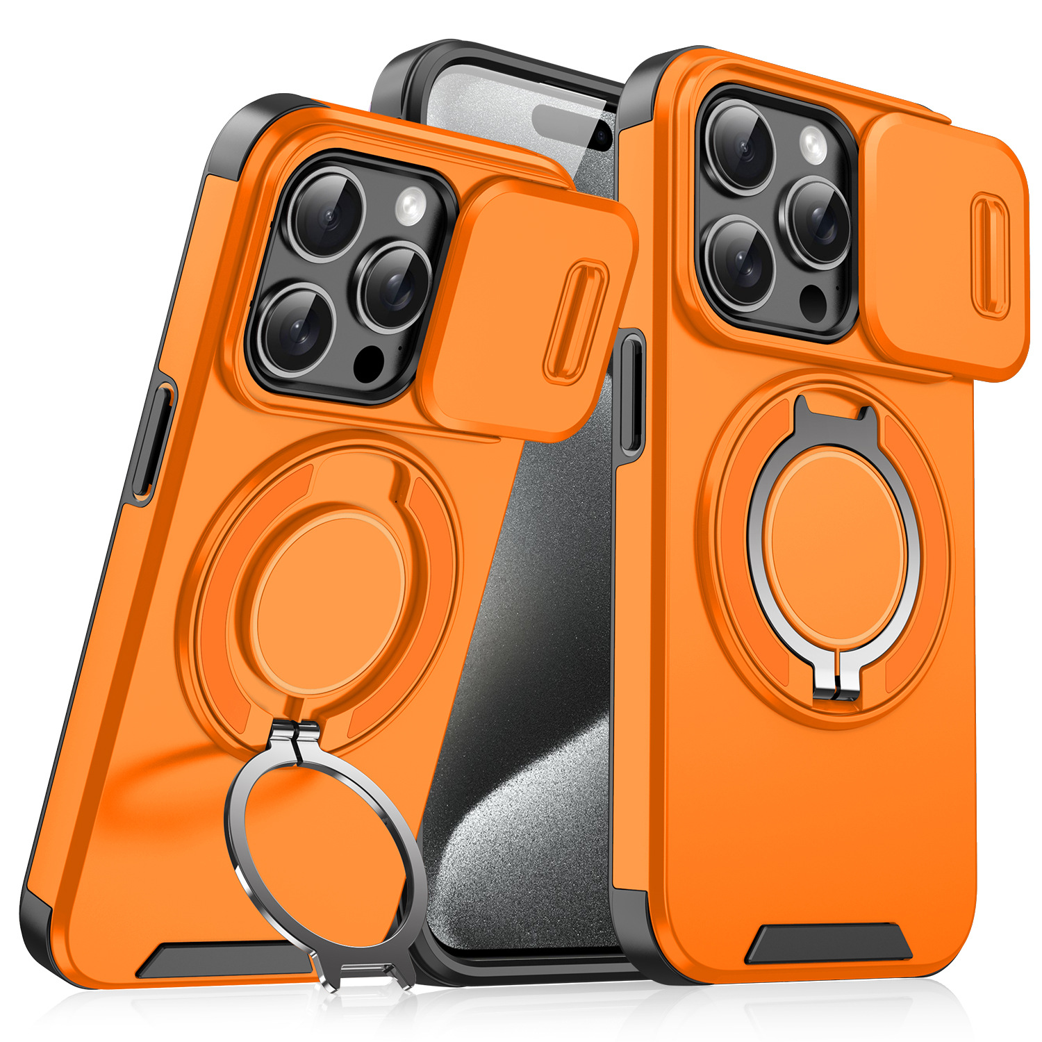Magnetic Ring Kickstand Phone Case with Sliding Camera Cover For iPhone 12/13/14/15/16/17 Series