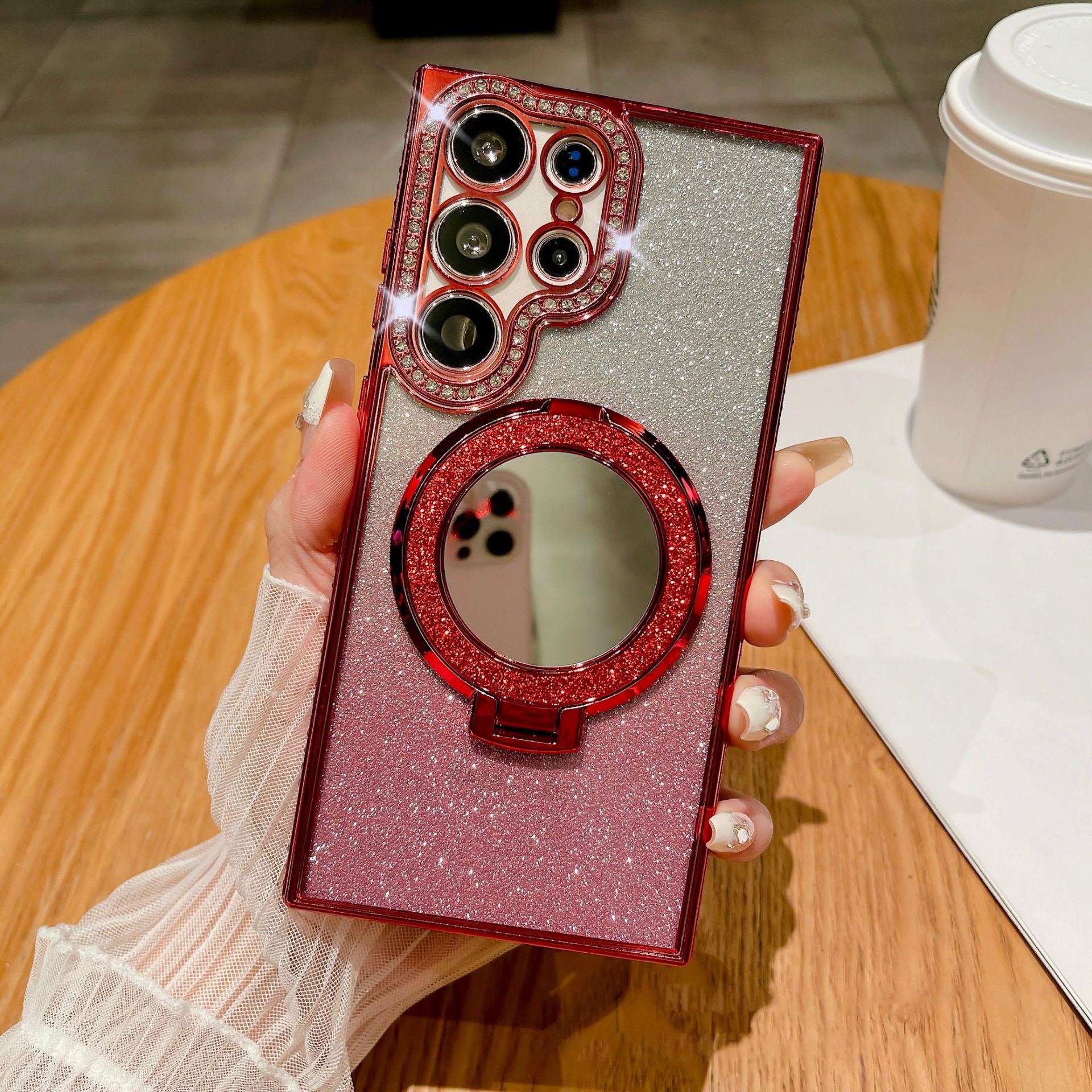 New Gradient Diamond Magnetic Holder with Cosmetic Mirror Phone Case For Samsung S22-25 Series