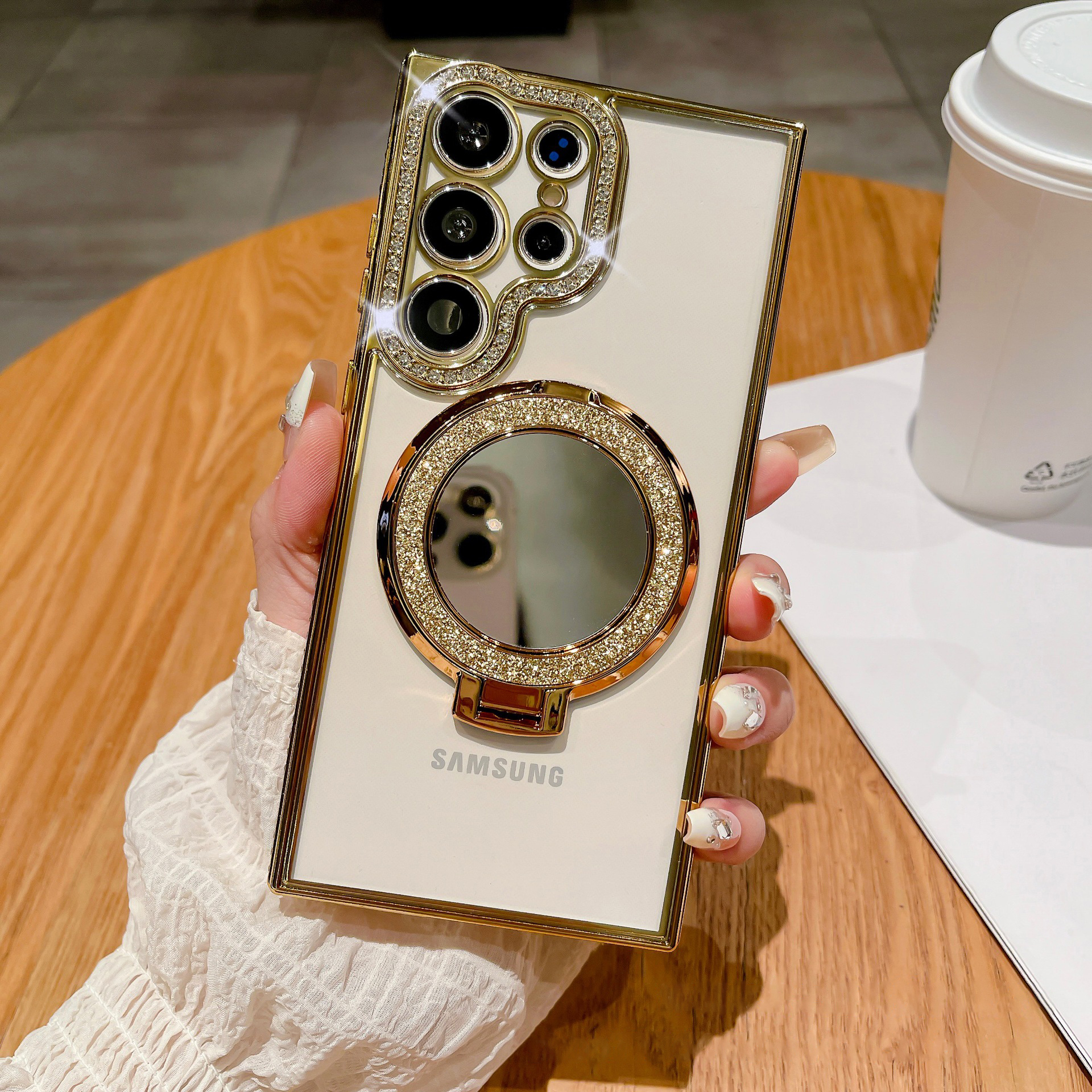 New Gradient Diamond Magnetic Holder with Cosmetic Mirror Phone Case For Samsung S22-25 Series
