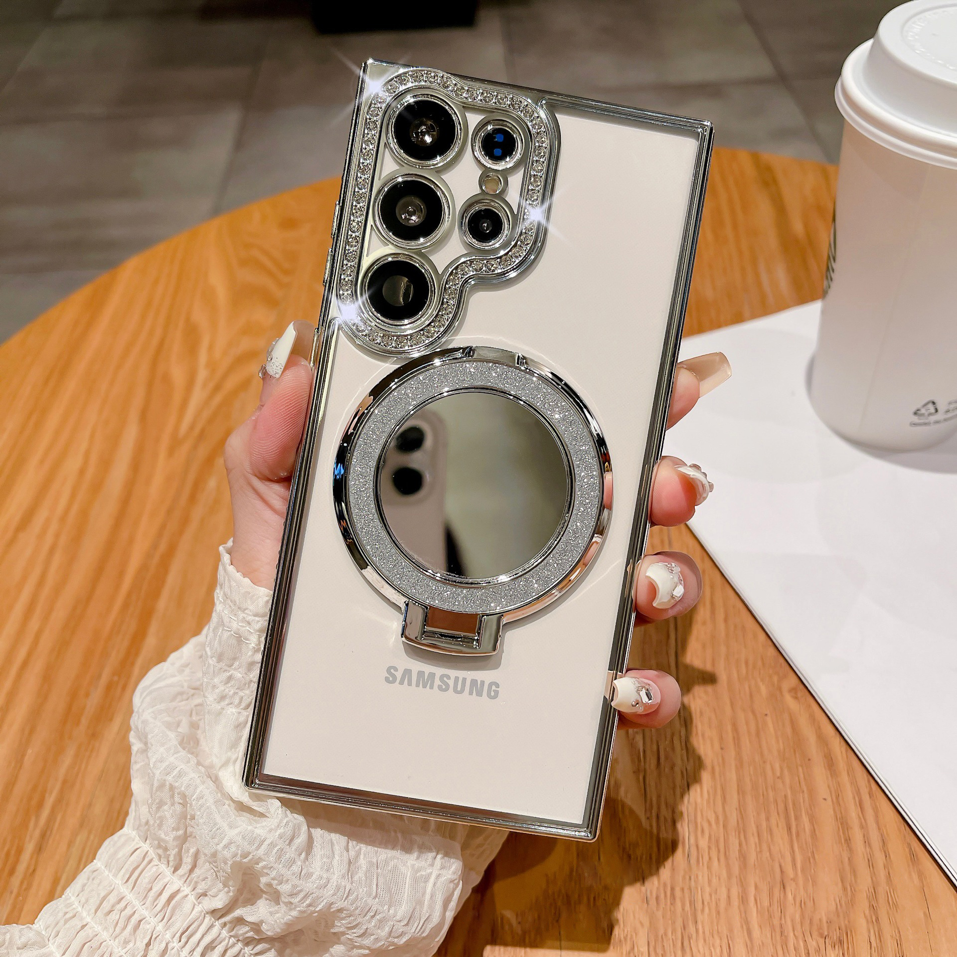 New Gradient Diamond Magnetic Holder with Cosmetic Mirror Phone Case For Samsung S22-25 Series