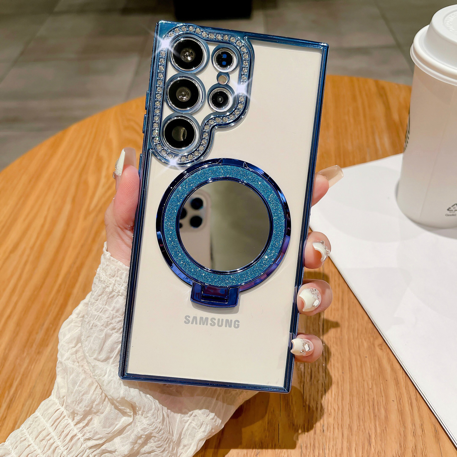 New Gradient Diamond Magnetic Holder with Cosmetic Mirror Phone Case For Samsung S22-25 Series