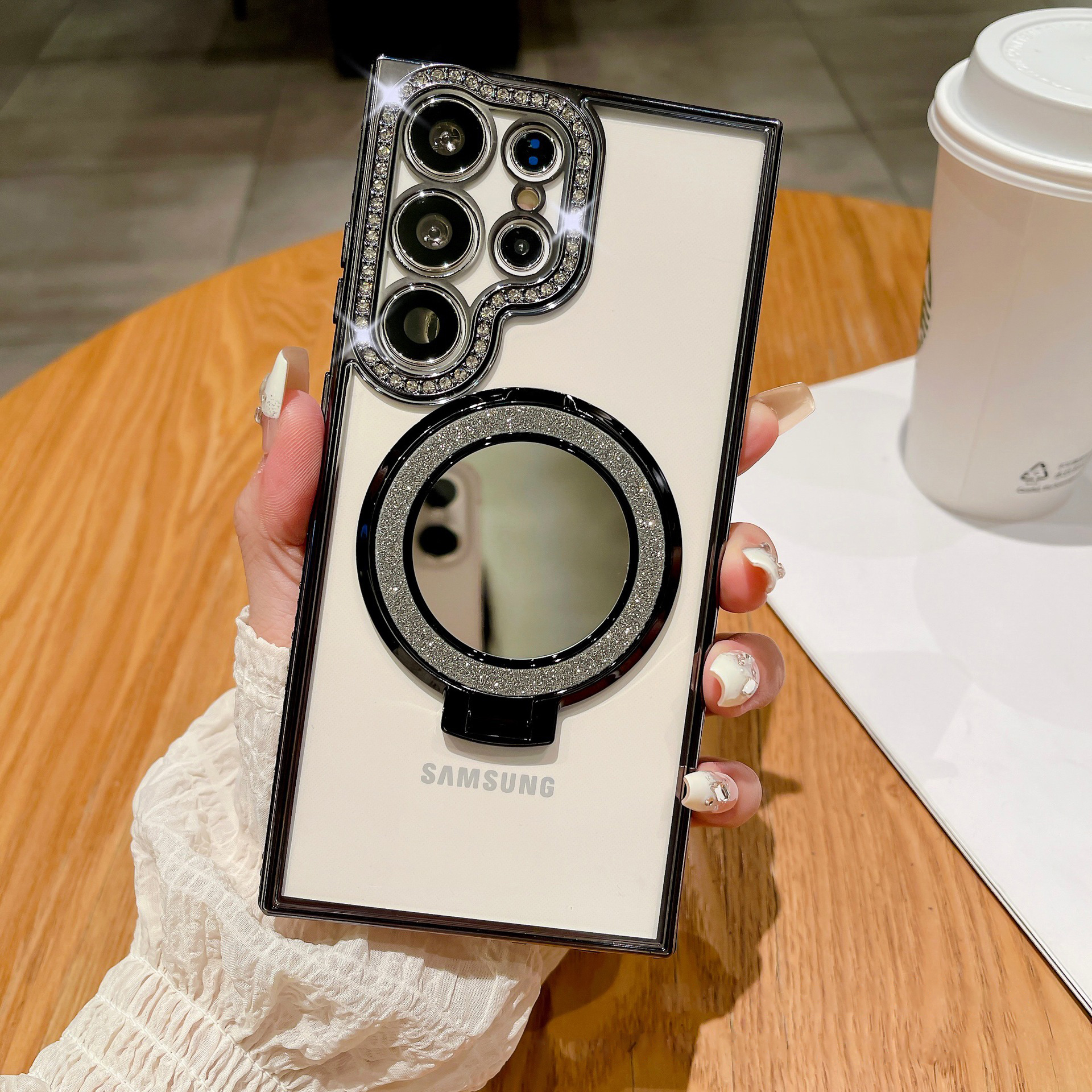 New Gradient Diamond Magnetic Holder with Cosmetic Mirror Phone Case For Samsung S22-25 Series