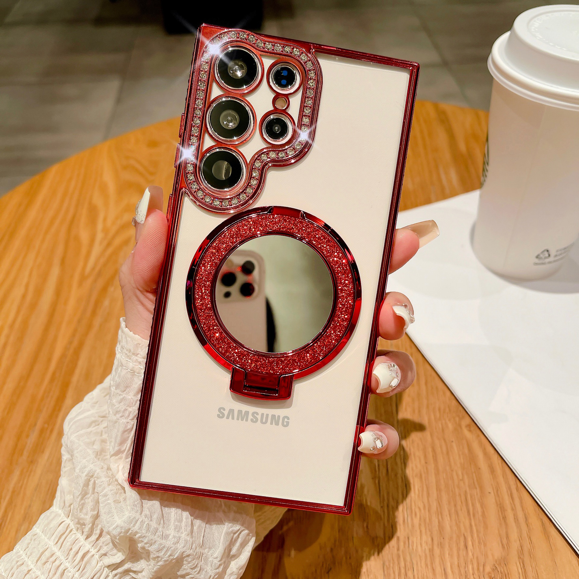 New Gradient Diamond Magnetic Holder with Cosmetic Mirror Phone Case For Samsung S22-25 Series