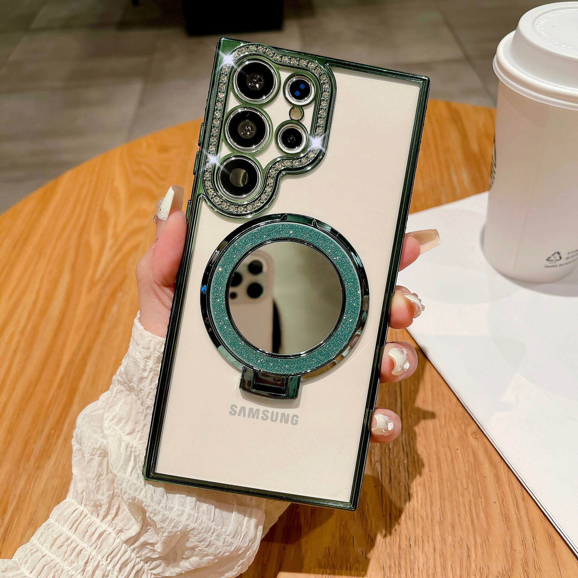 New Gradient Diamond Magnetic Holder with Cosmetic Mirror Phone Case For Samsung S22-25 Series