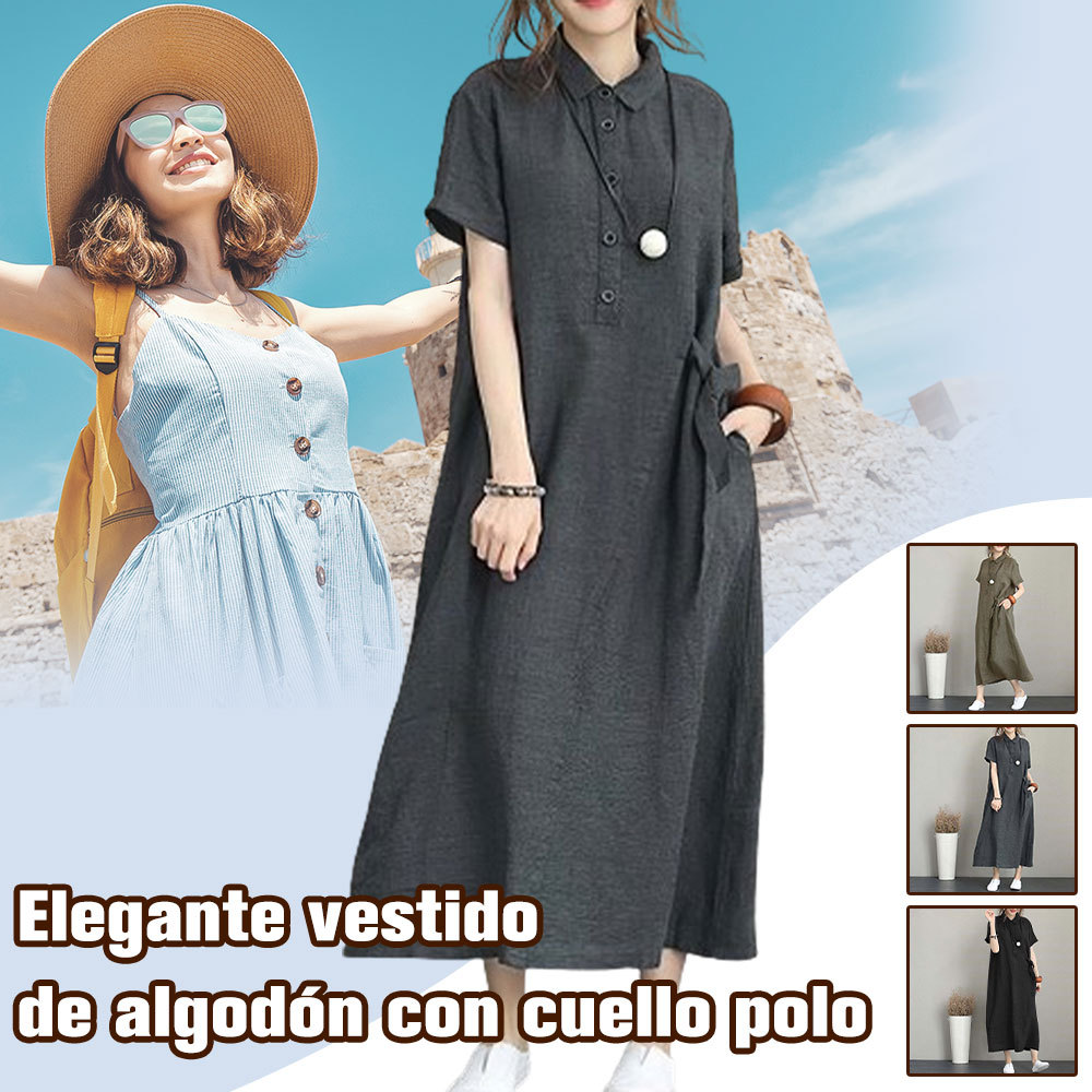Vestido casual de manga corta de algodón y lino con cuello polo para mujer