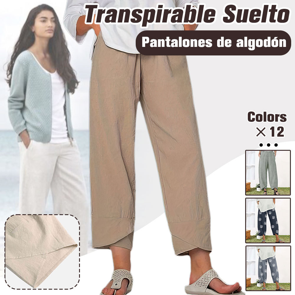 Pantalones anchos sueltos de algodón y lino para mujer