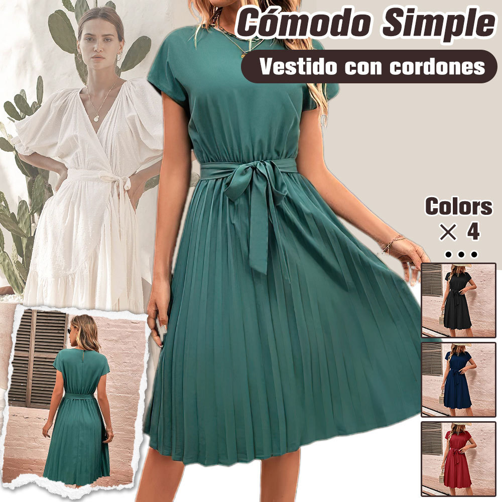 Vestido de fiesta con tiras plisado de color liso de verano para mujer